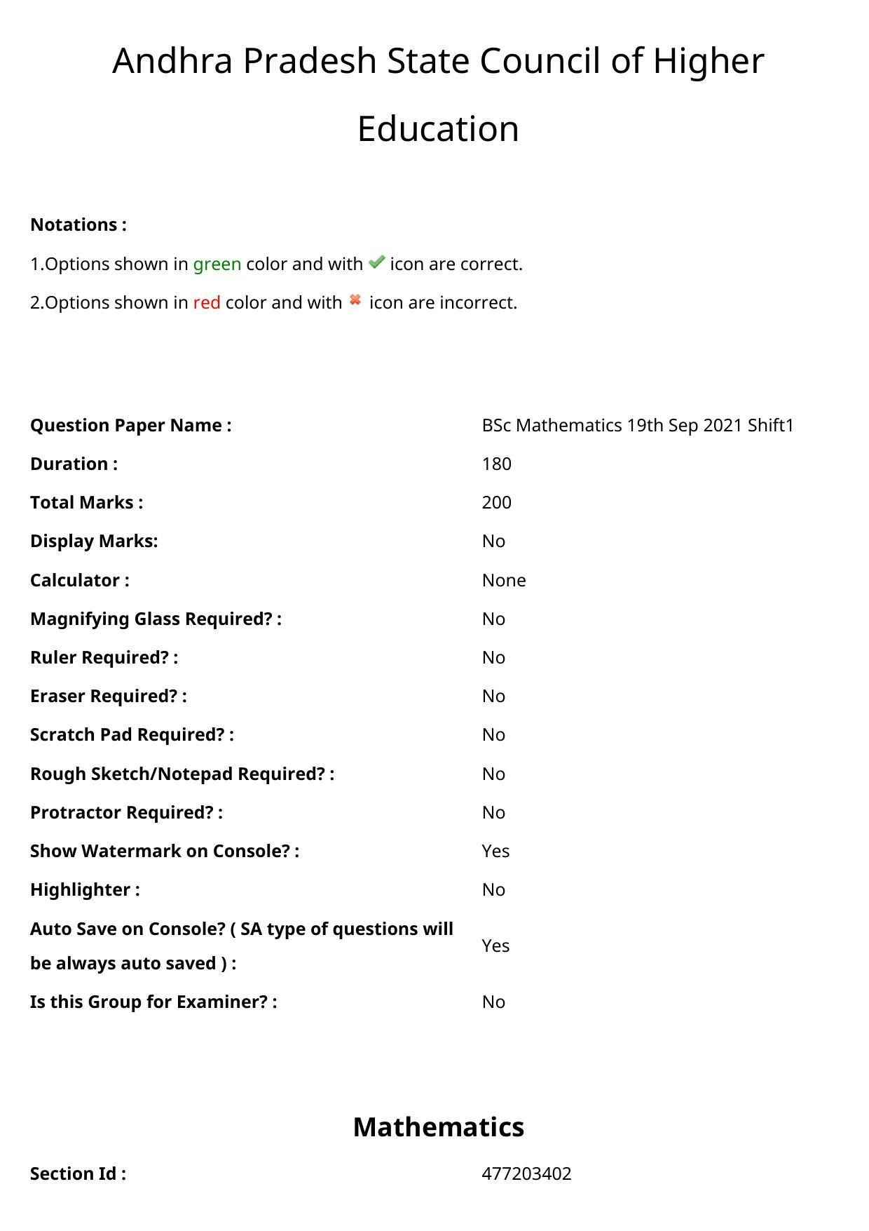 AP ECET 2021 - BSc Mathematics Question Paper With Preliminary Keys Shift1 - Page 1