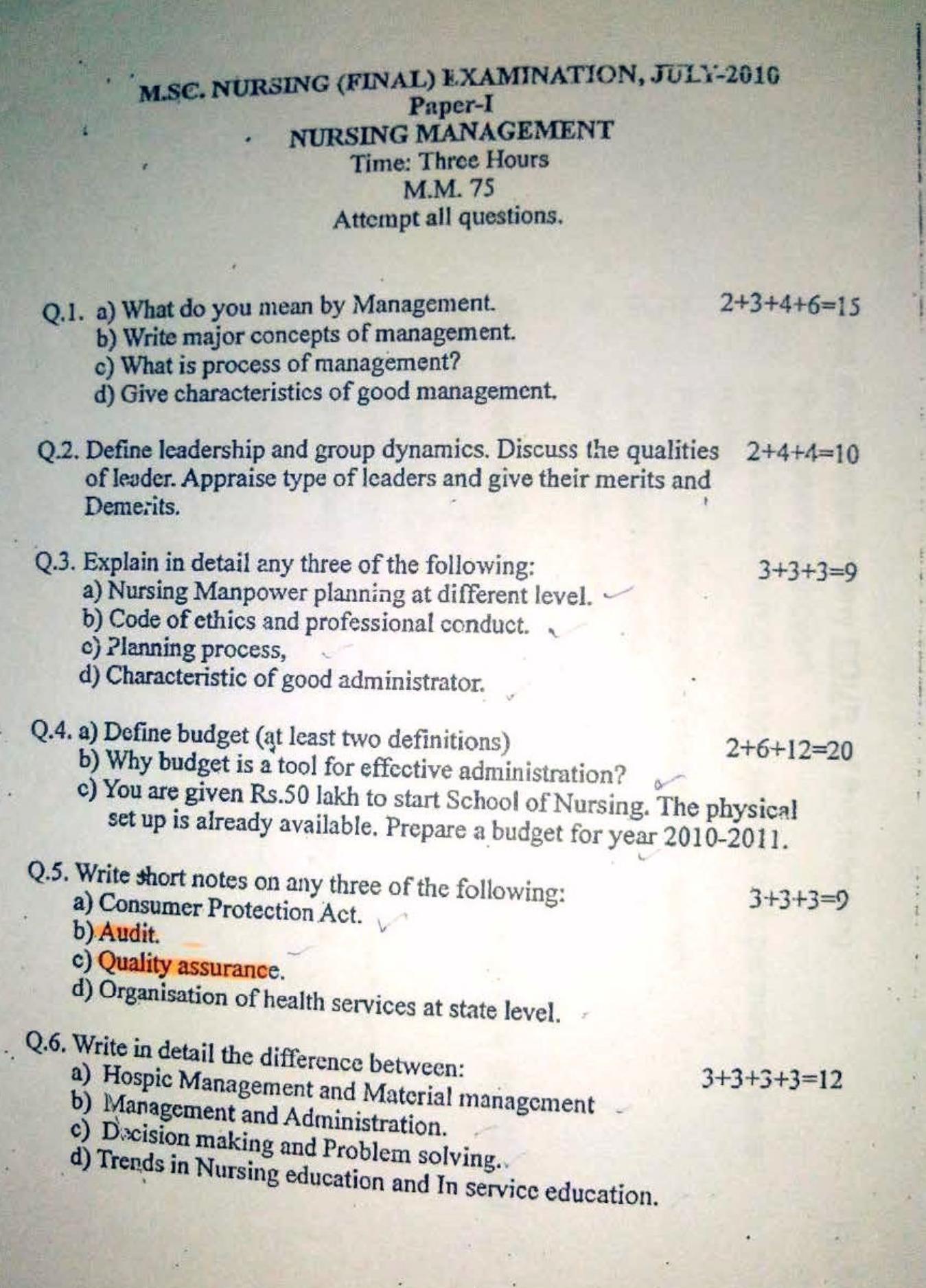UHS M.Sc Nursing (Final) July.-2010 Question Paper - Page 1