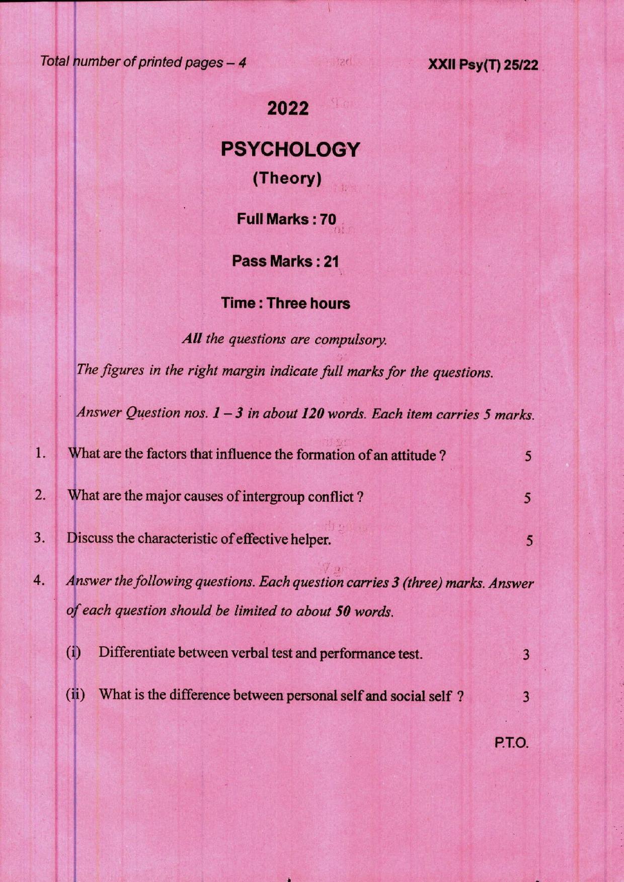 COHSEM 12th Question Papers 2022 Psychology - Page 1