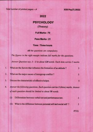 COHSEM 12th Question Papers 2022 Psychology