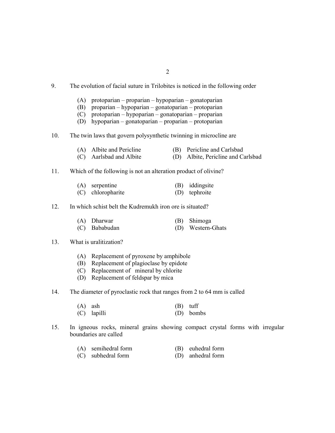 CUSAT CAT 2017 Geology Question Paper - Page 2