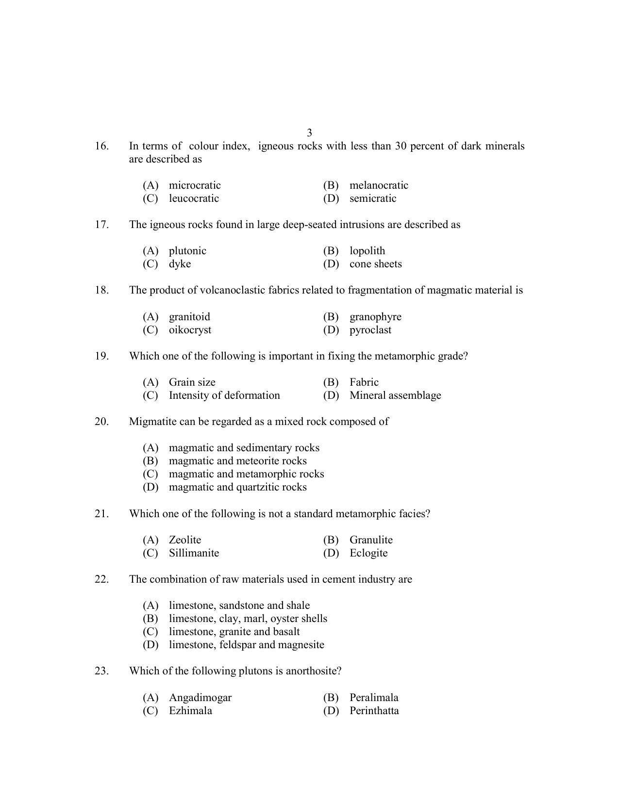 CUSAT CAT 2017 Geology Question Paper - Page 3