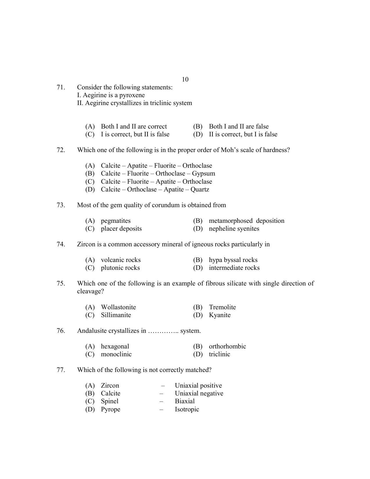 CUSAT CAT 2017 Geology Question Paper - Page 10