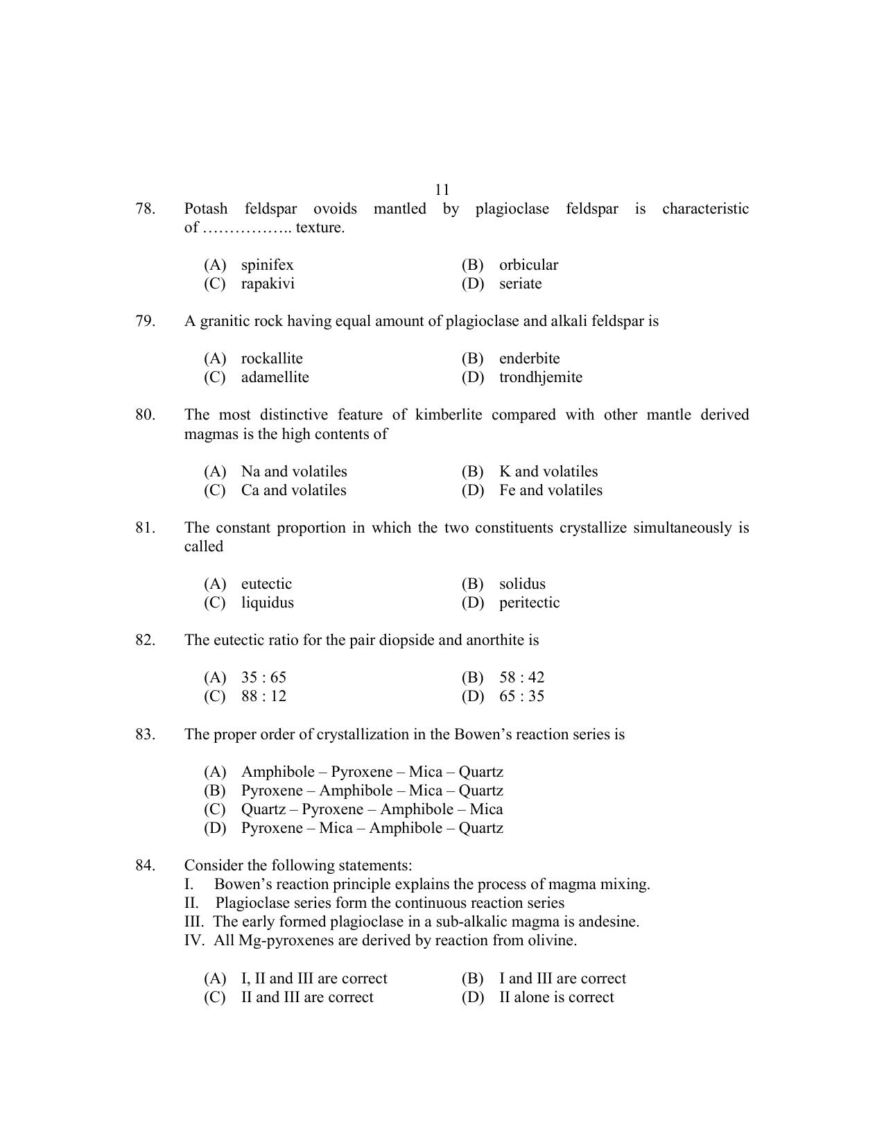 CUSAT CAT 2017 Geology Question Paper - Page 11