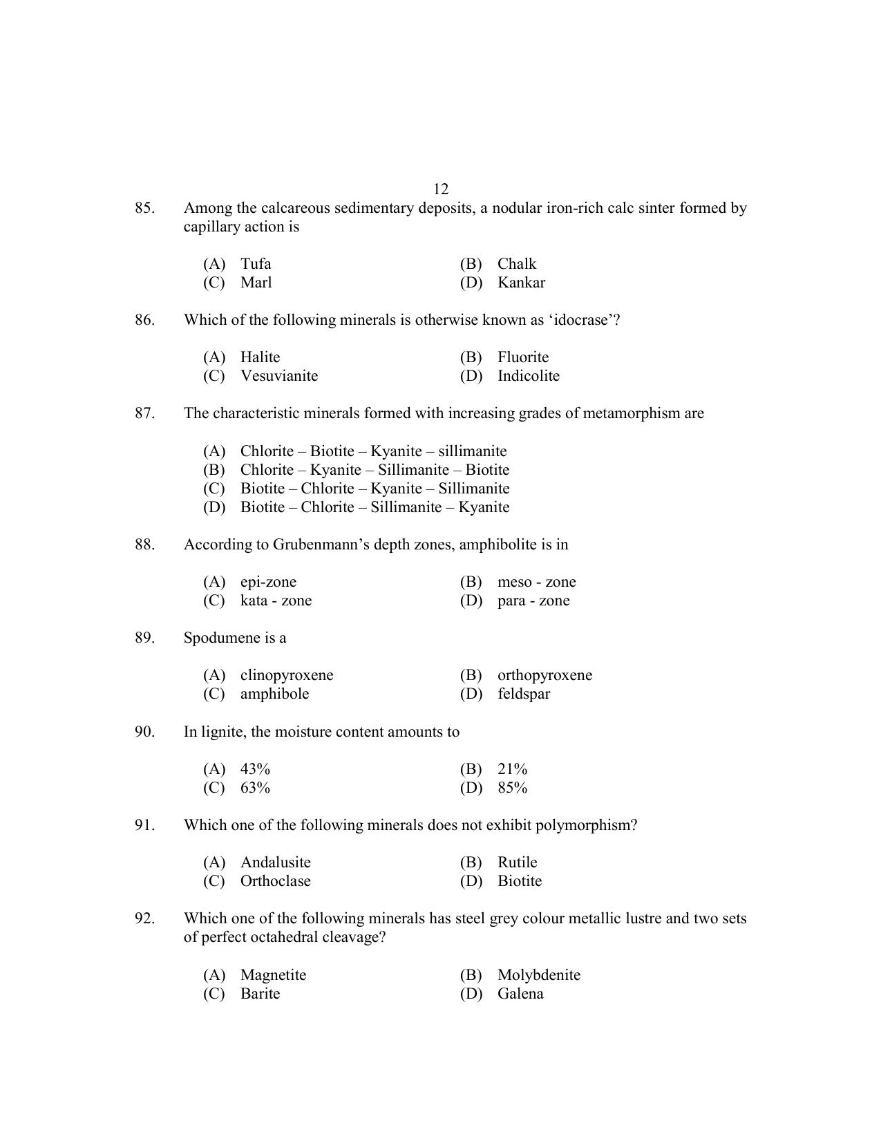 CUSAT CAT 2017 Geology Question Paper - Page 12