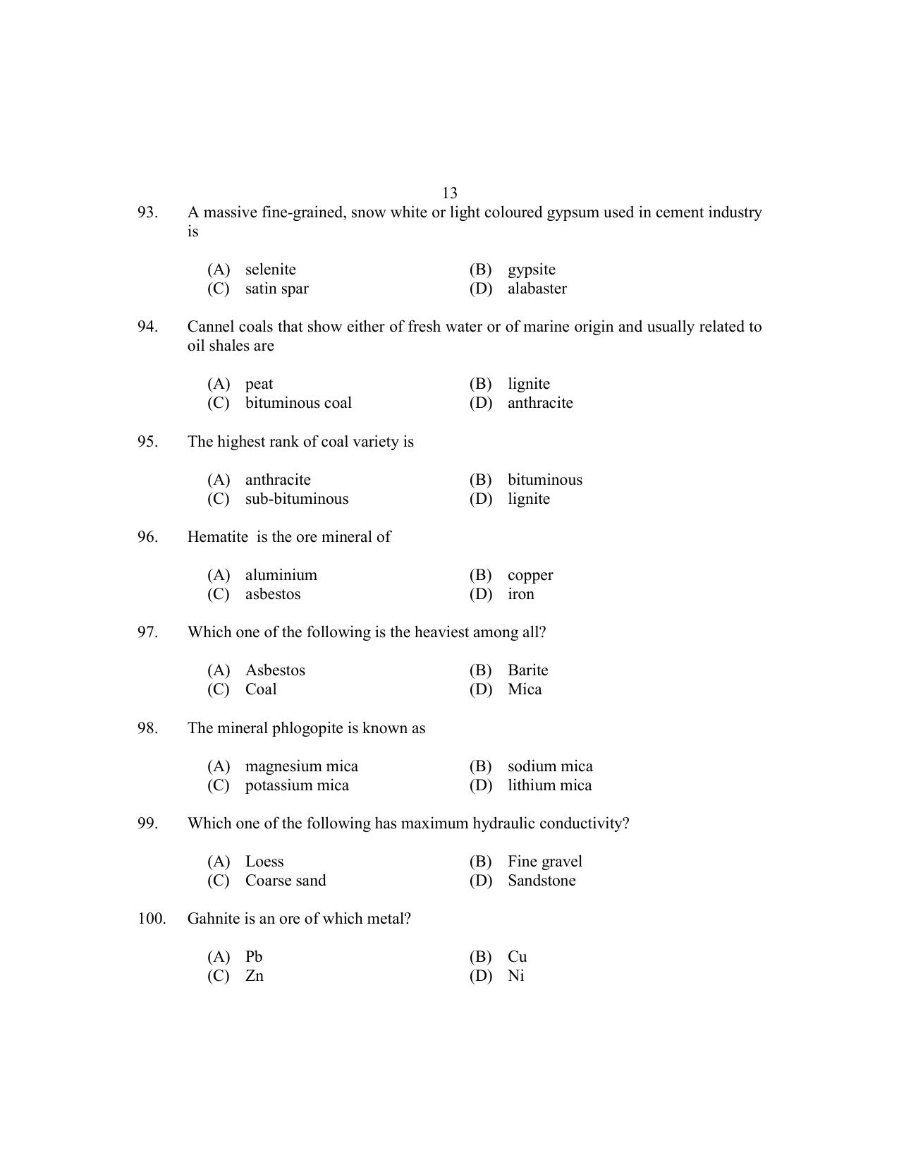 CUSAT CAT 2017 Geology Question Paper - Page 13