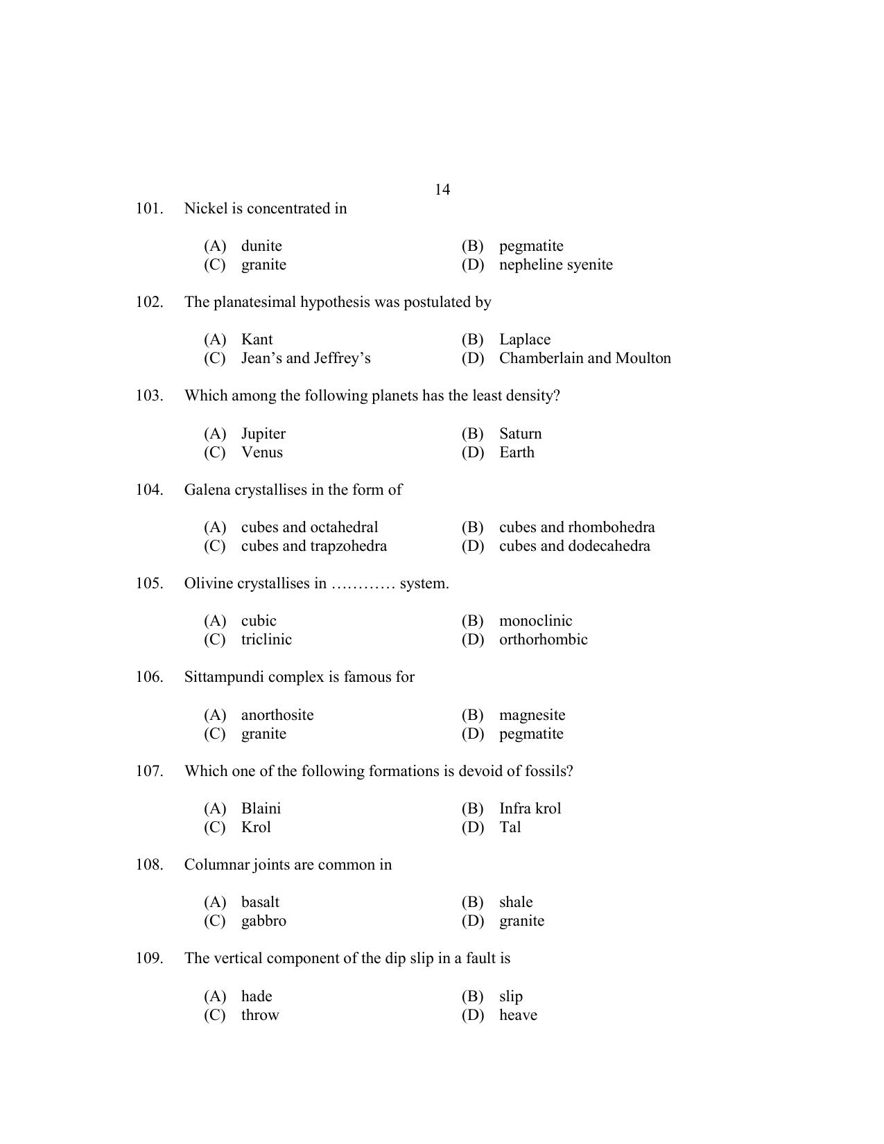 CUSAT CAT 2017 Geology Question Paper - Page 14