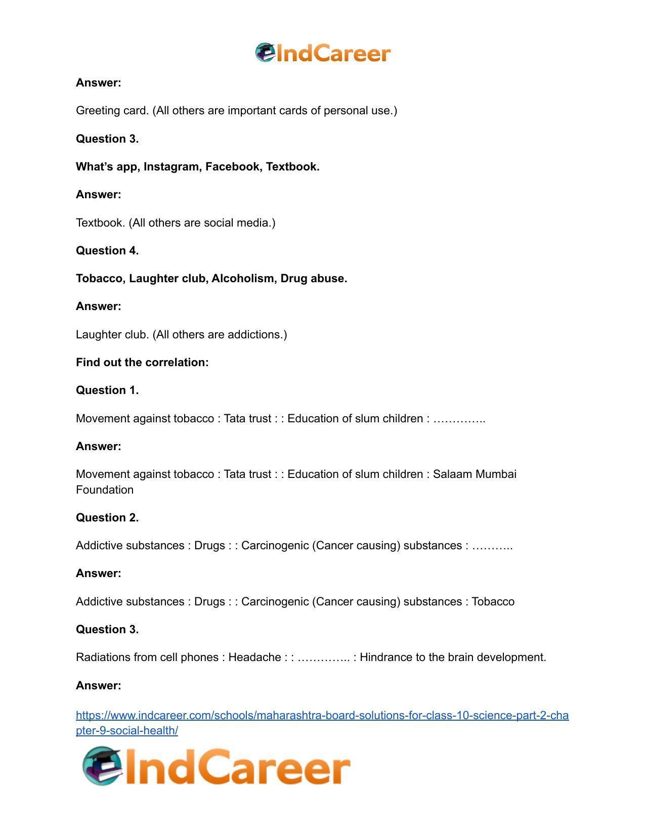 Maharashtra Board Solutions for Class 10- Science (Part 2): Chapter 9- Social Health - Page 17