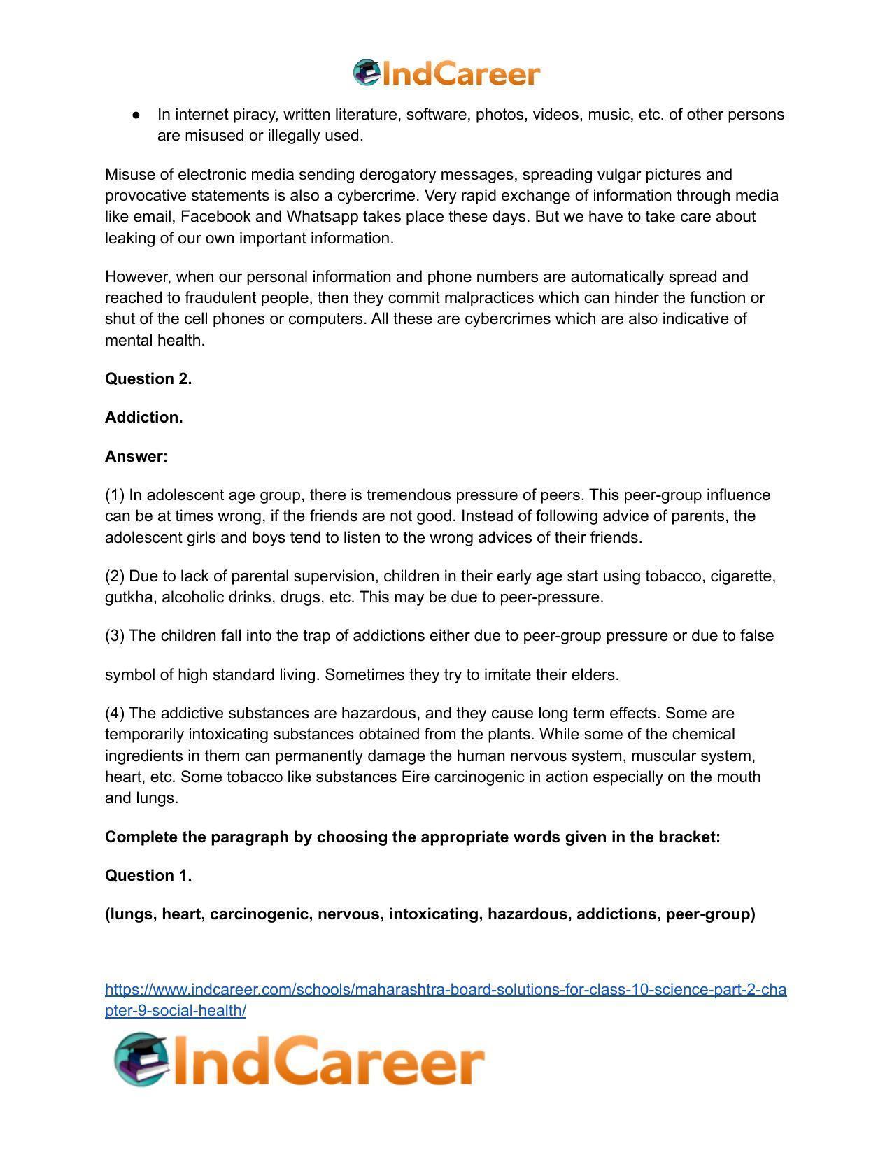 Maharashtra Board Solutions for Class 10- Science (Part 2): Chapter 9- Social Health - Page 22