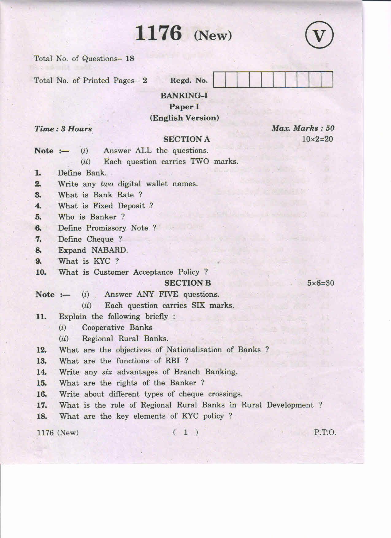 AP Inter 1st Year Banking-I (New) March-2019-Vocational Question Paper - Page 1