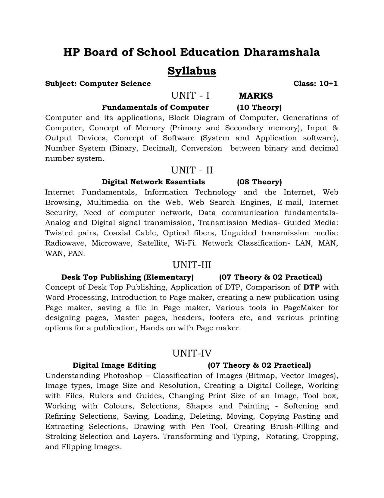 HP Board Class 11th Syllabus for Computer Science - Page 1