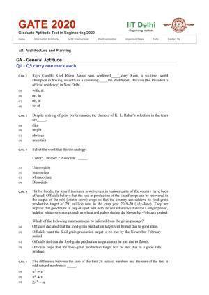 GATE 2020 Architecture and Planning (AR) Question Paper