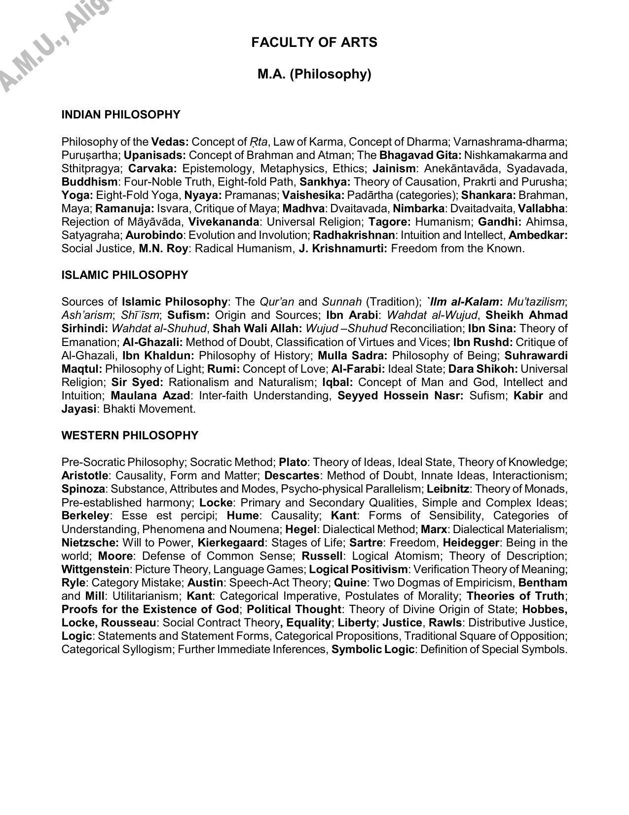 AMU Entrance Exam: AMU Entrance Exam: M.A. Philosophy Syllabus - Page 1