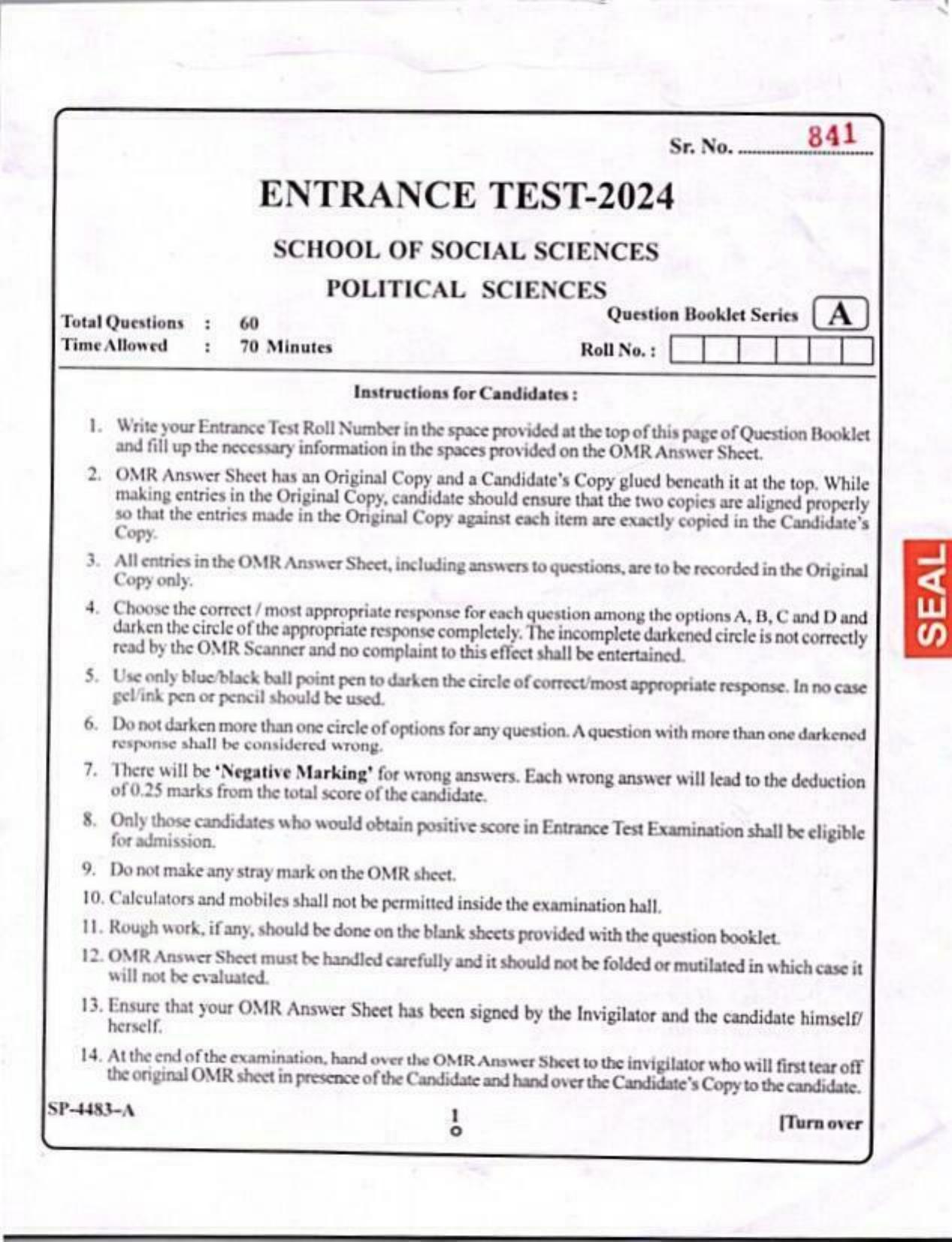 KUET 2024 M.A. Political Science Question Paper - Page 1