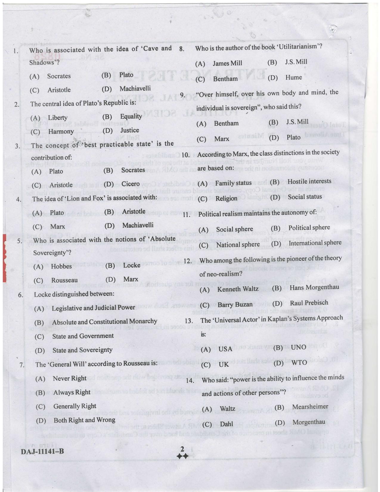 KUET 2024 M.A. Political Science Question Paper - Page 43