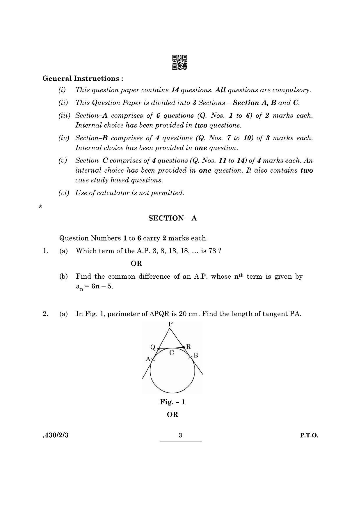CBSE Class 10 Maths Basic (430/2/3 - SET 3) 2022 Question Paper - Page 3