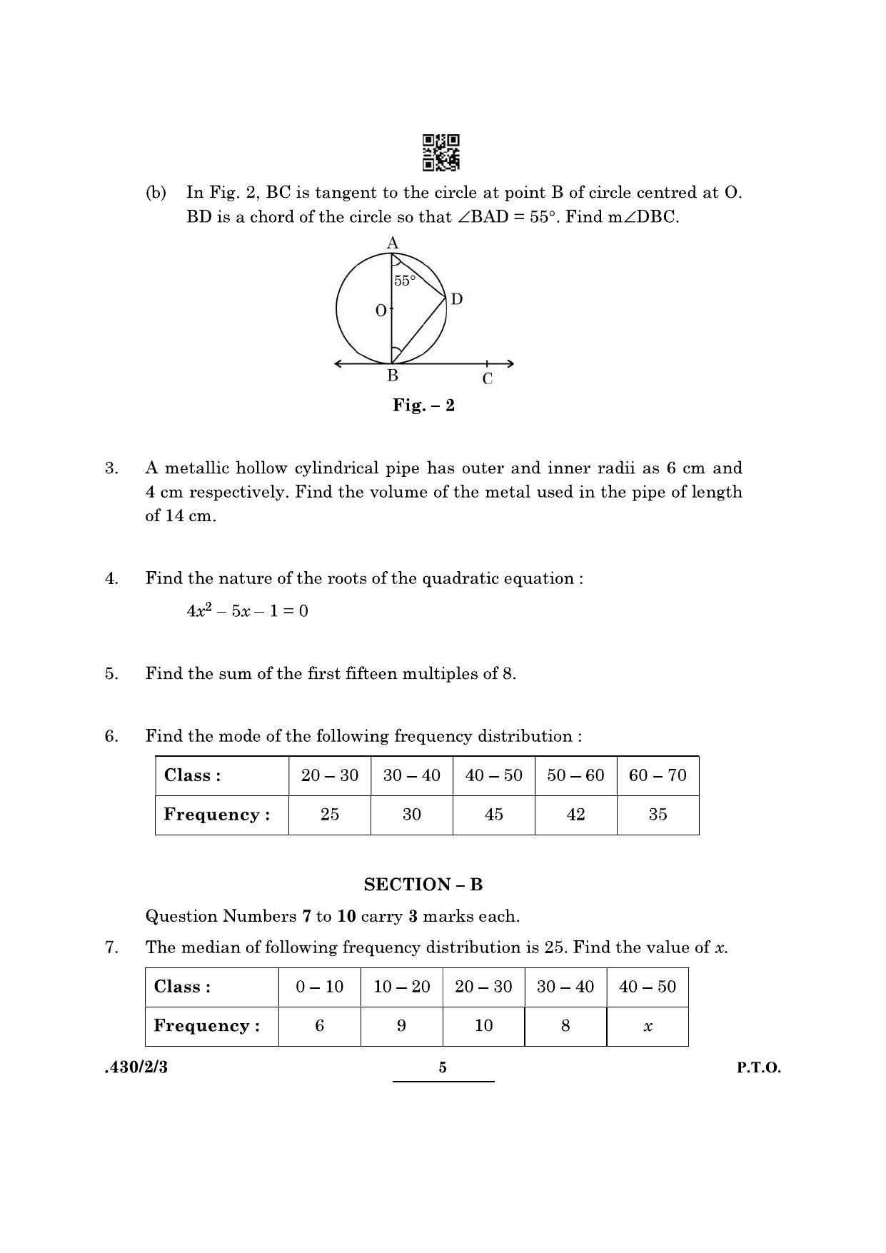 CBSE Class 10 Maths Basic (430/2/3 - SET 3) 2022 Question Paper - Page 5