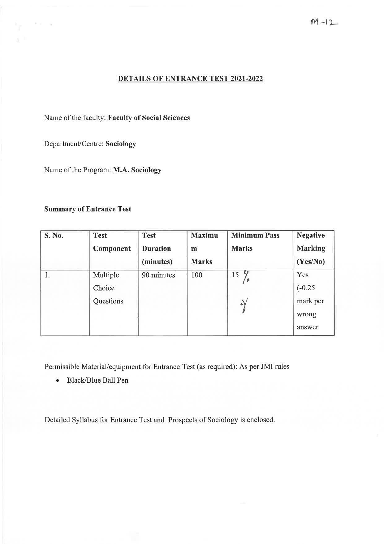 JMI Entrance Exam M12-MA (Sociology) Syllabus - Page 1