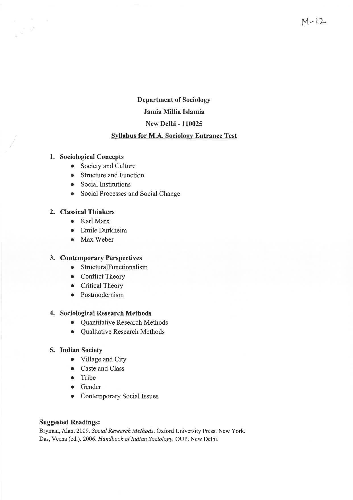 JMI Entrance Exam M12-MA (Sociology) Syllabus - Page 2