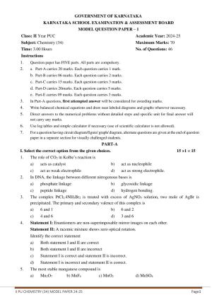 Karnataka II PUC Chemistry Model Question Paper I 2025