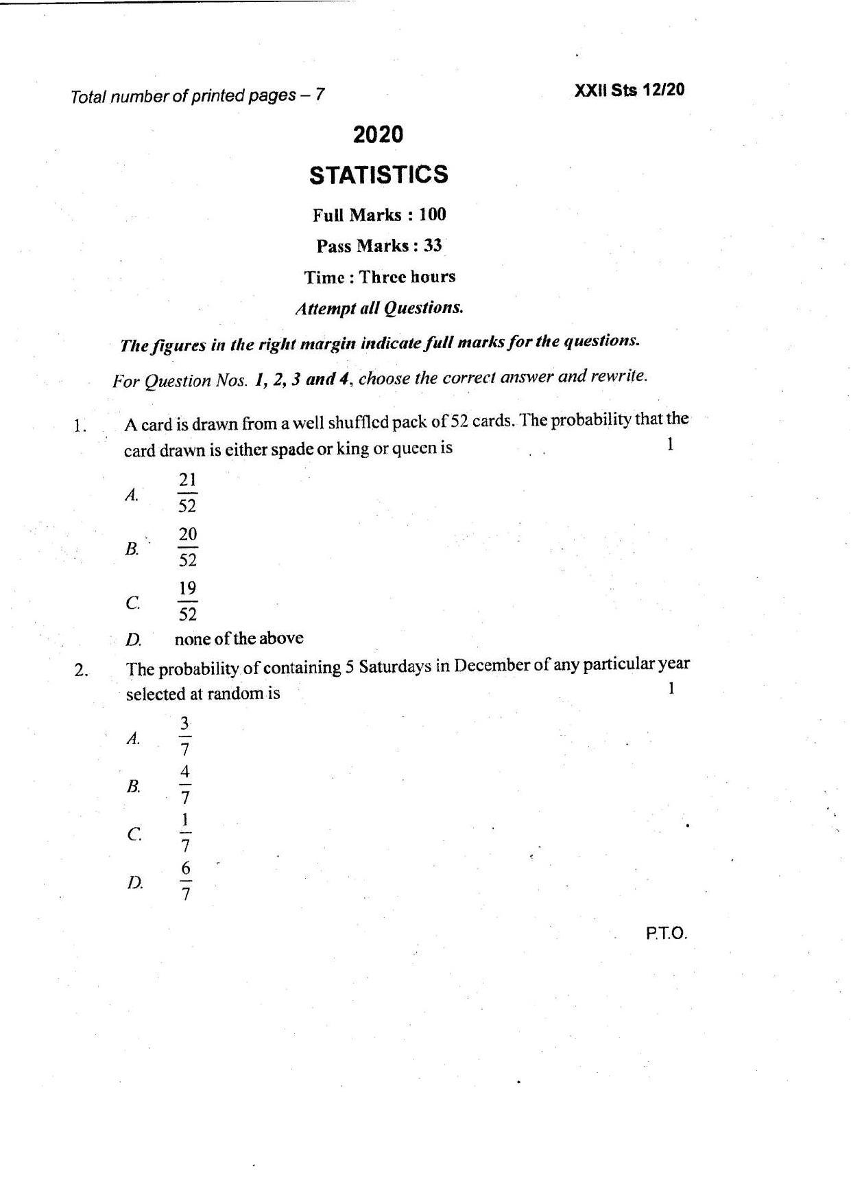 COHSEM Class 12 Statistics Question Papers 2020 - Page 1