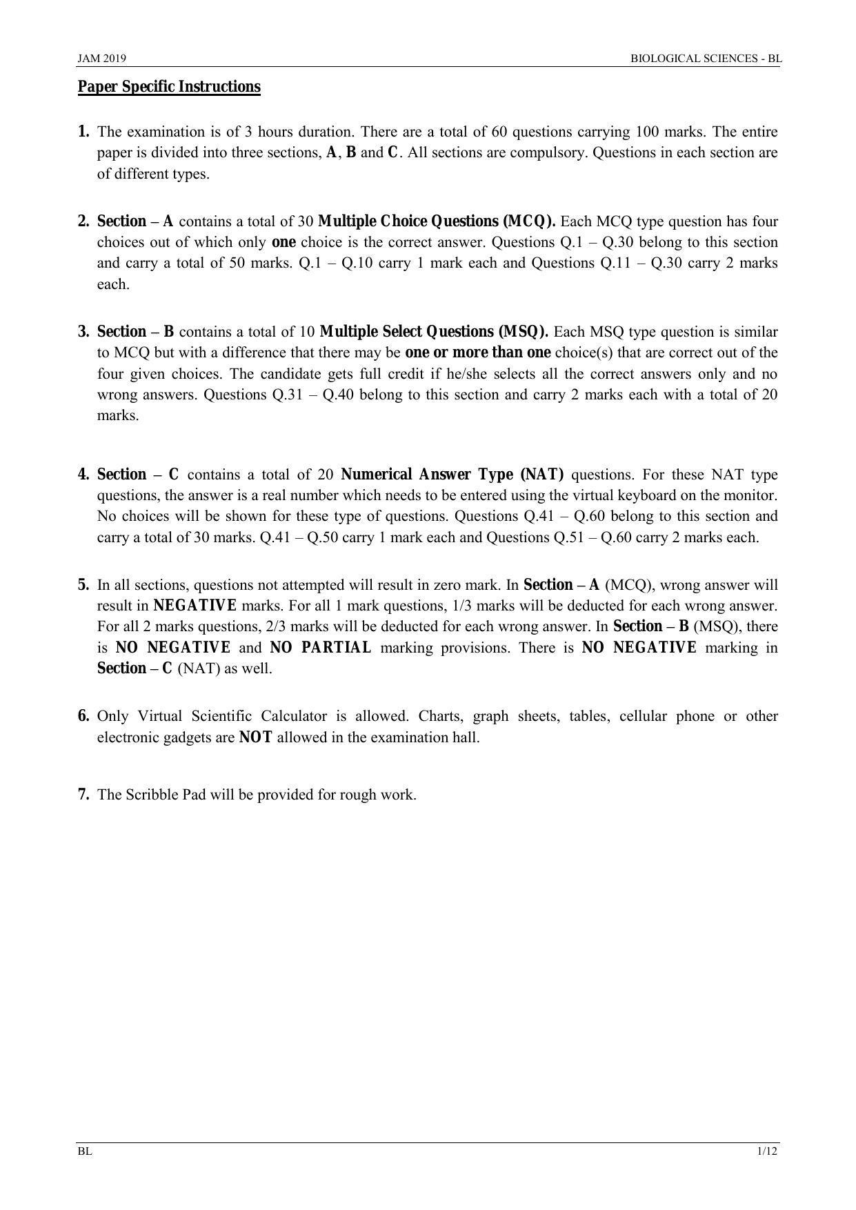 IIT JAM 2019 BIOLOGICAL SCIENCES (BL) Question Paper - Page 1