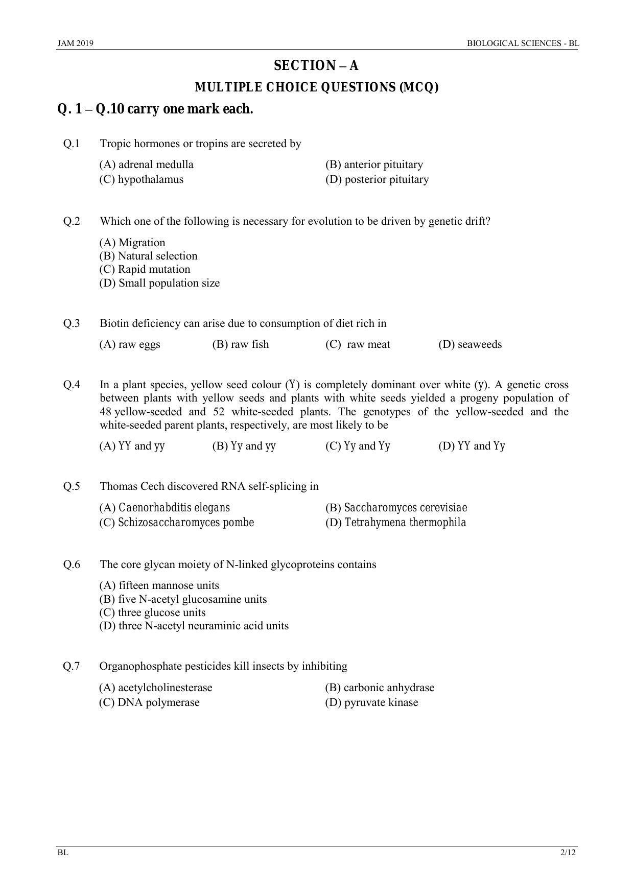 IIT JAM 2019 BIOLOGICAL SCIENCES (BL) Question Paper - Page 2
