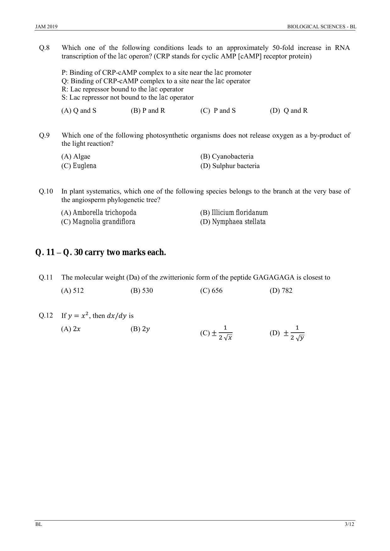 IIT JAM 2019 BIOLOGICAL SCIENCES (BL) Question Paper - Page 3