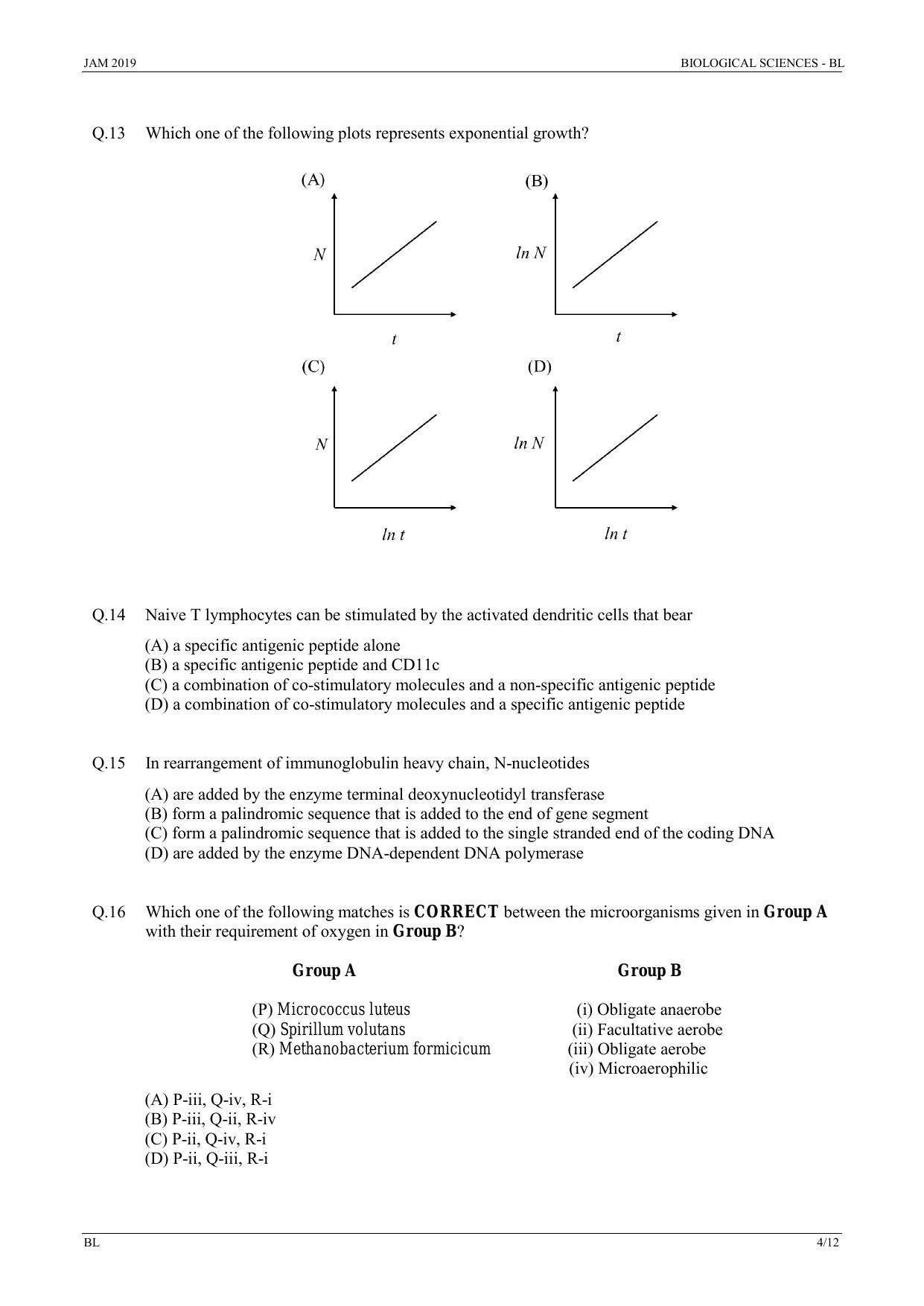 IIT JAM 2019 BIOLOGICAL SCIENCES (BL) Question Paper - Page 4