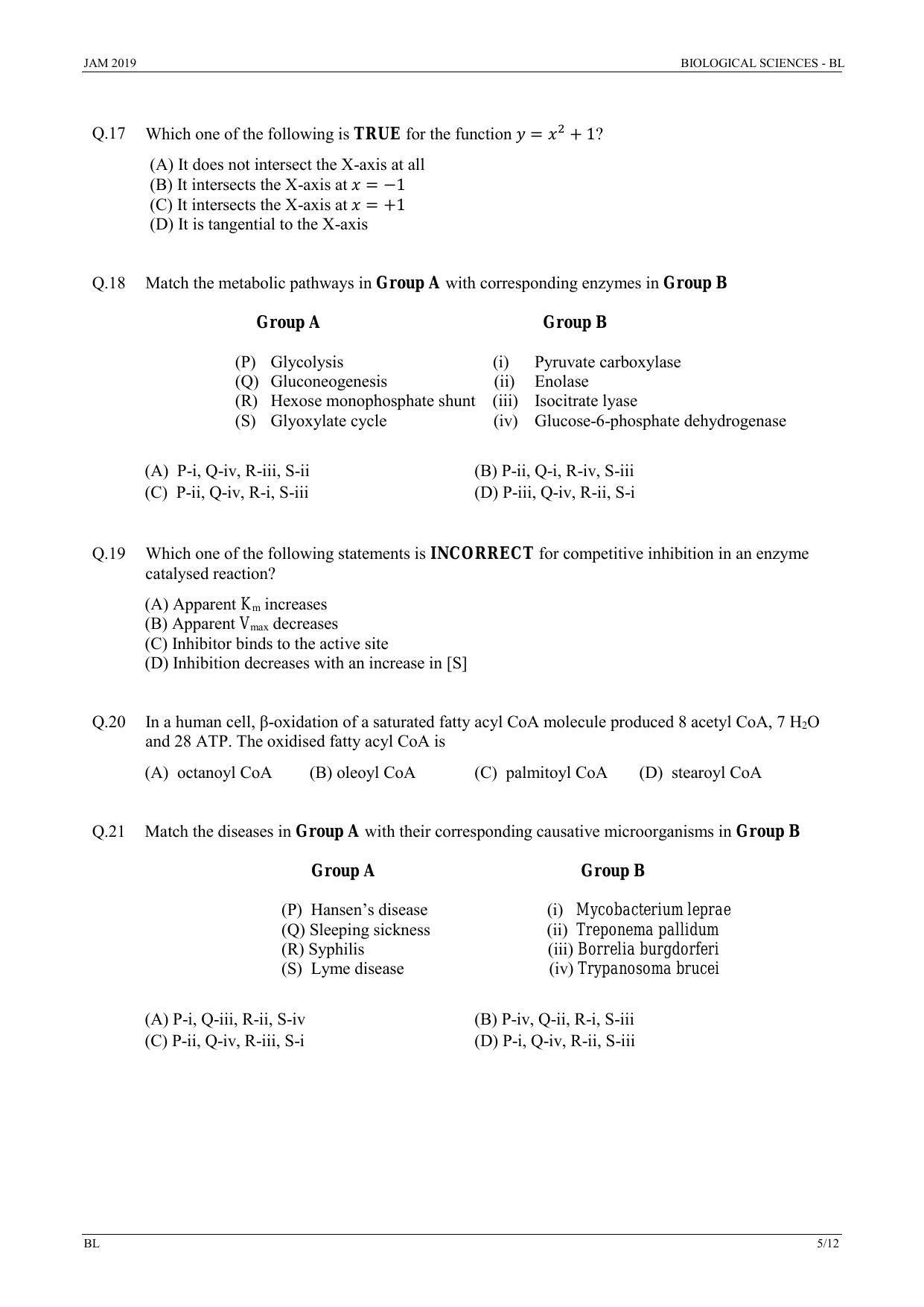 IIT JAM 2019 BIOLOGICAL SCIENCES (BL) Question Paper - Page 5