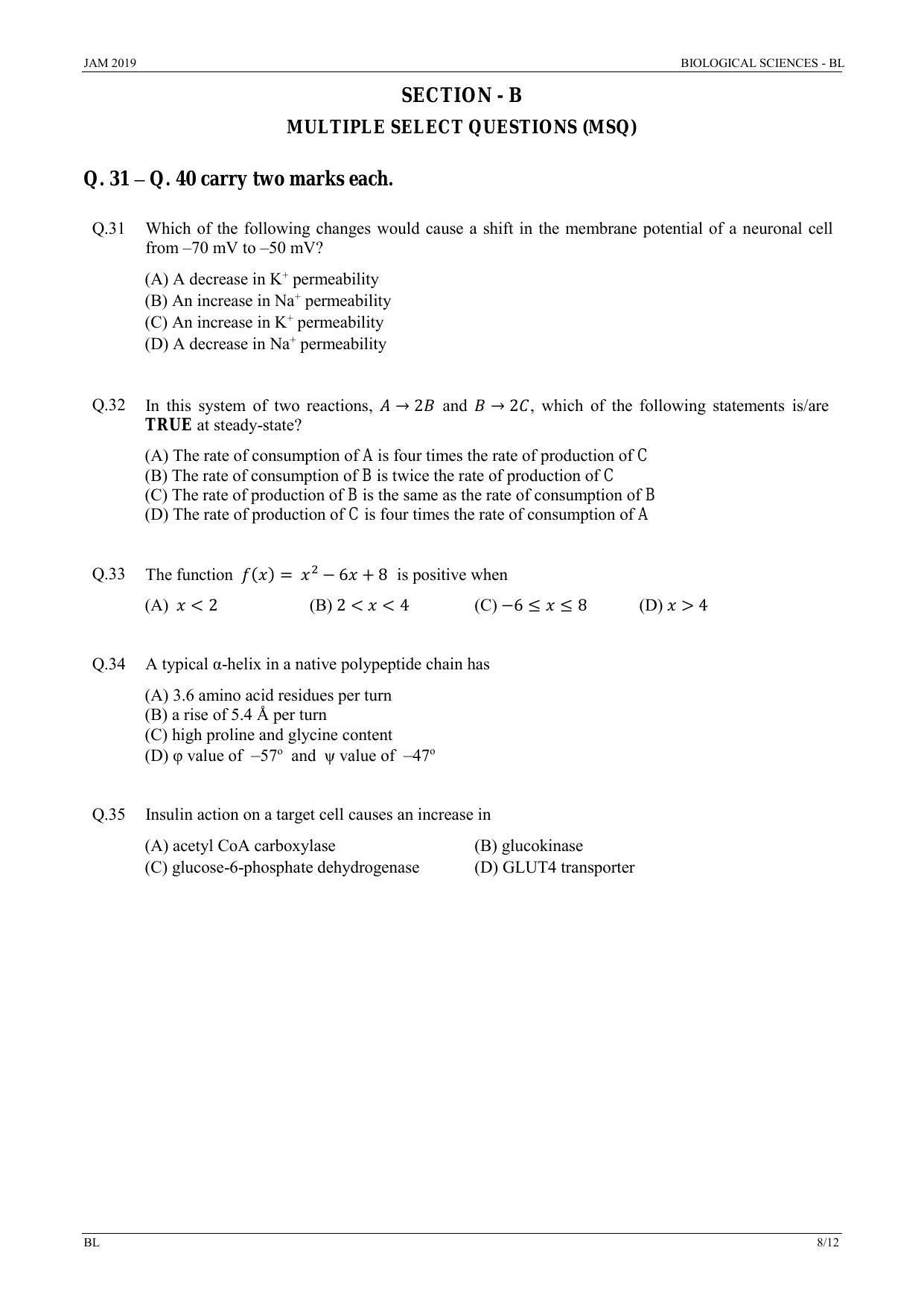 IIT JAM 2019 BIOLOGICAL SCIENCES (BL) Question Paper - Page 8