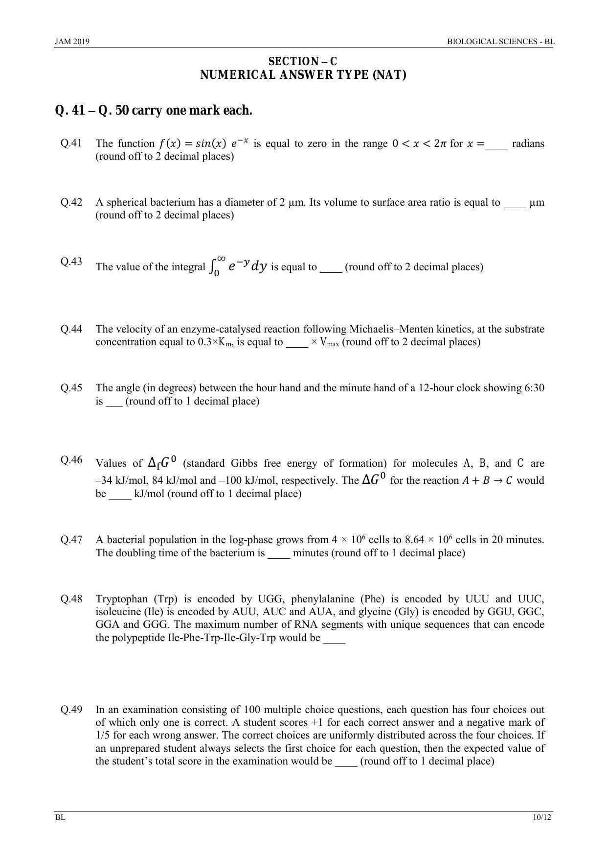 IIT JAM 2019 BIOLOGICAL SCIENCES (BL) Question Paper - Page 10