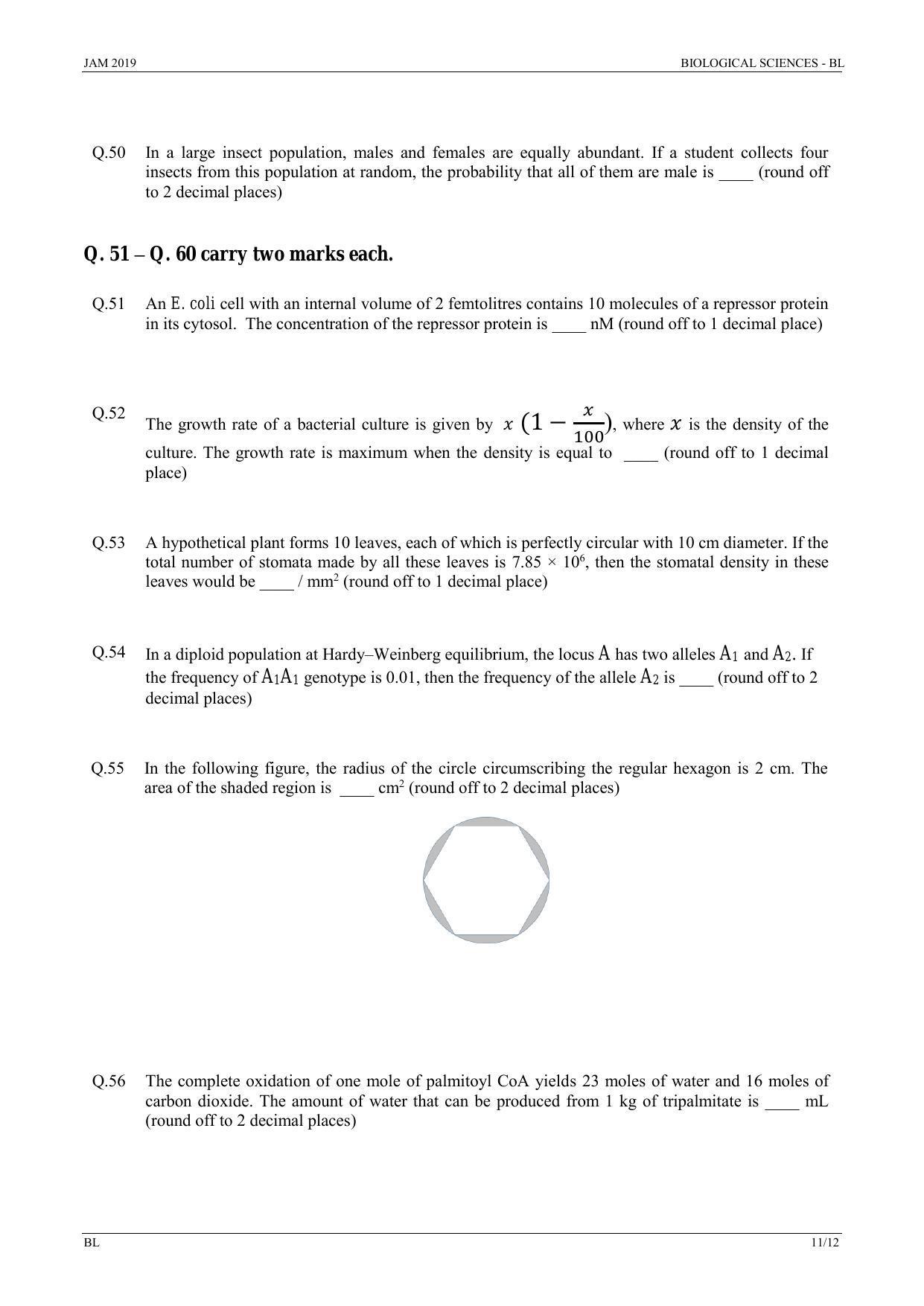 IIT JAM 2019 BIOLOGICAL SCIENCES (BL) Question Paper - Page 11