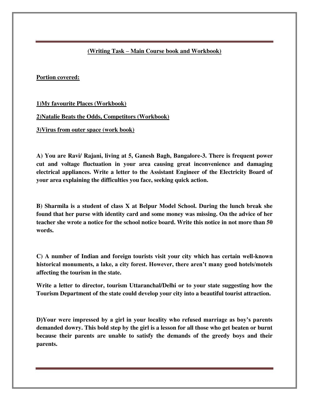 CBSE Class 8 English Worksheet Writing Task Part B Assignment - Page 1