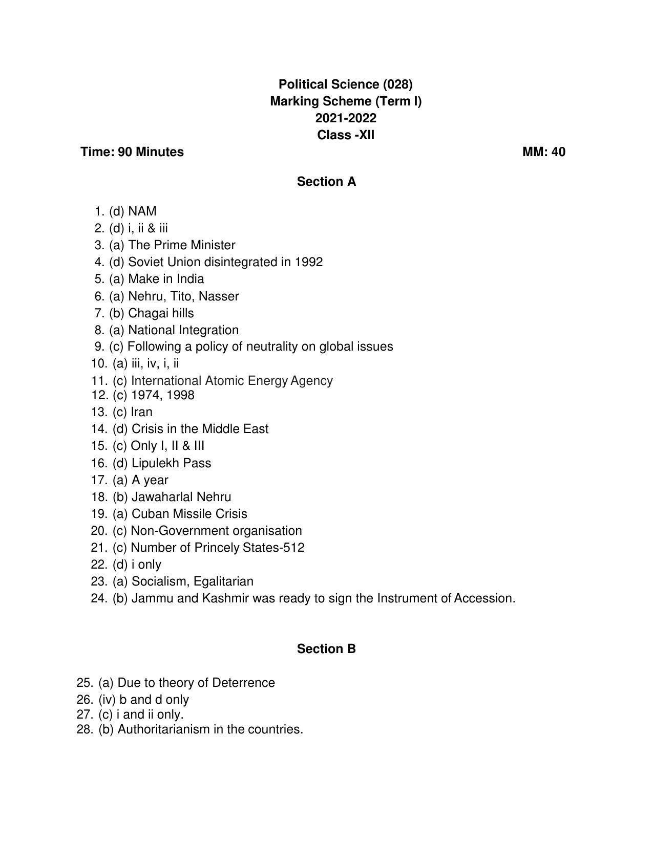CBSE Class 12th Political Science Sample Question Paper Answer Key 2021-22 - Page 1