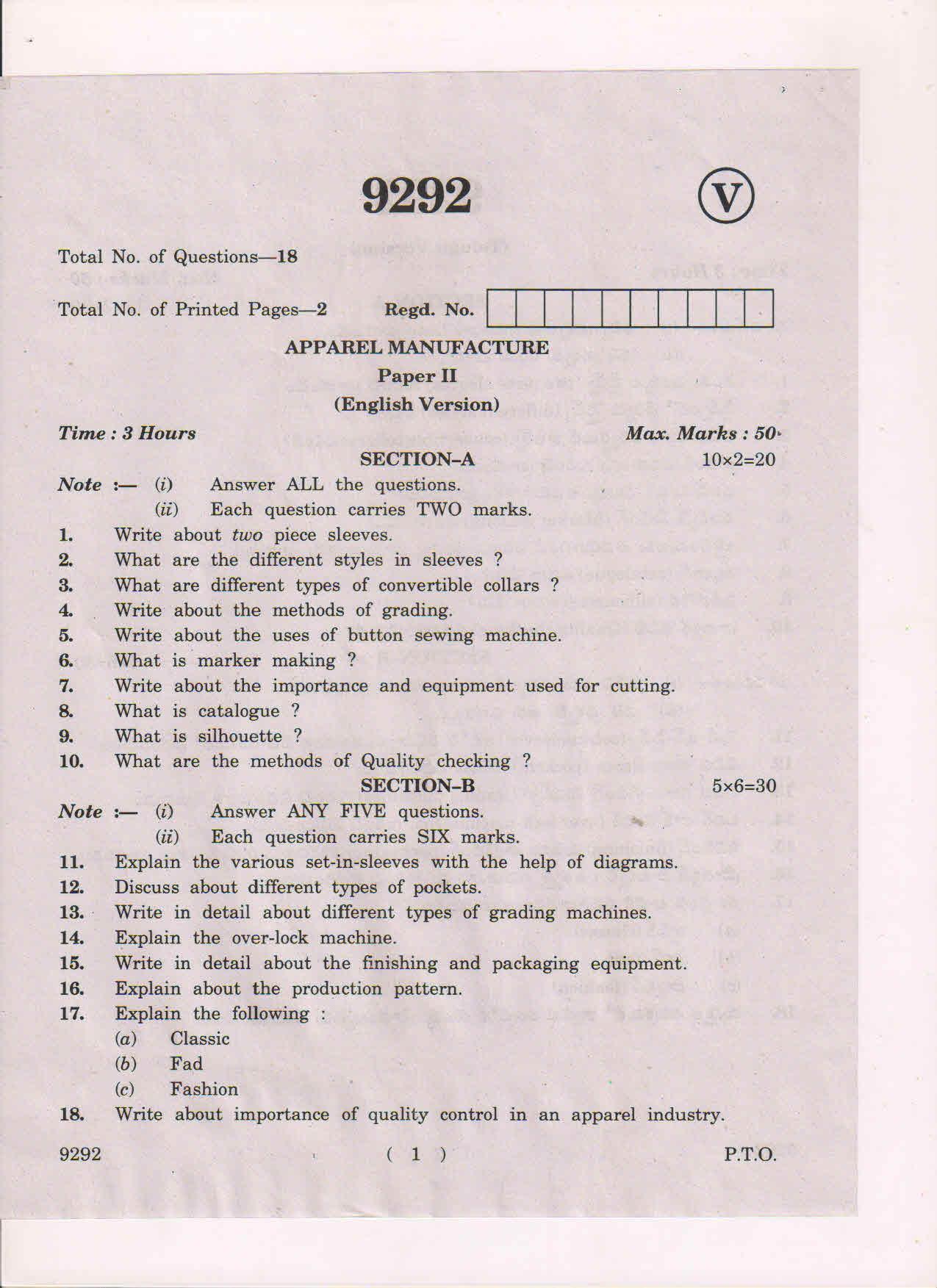 AP Inter 2nd Year Apparel Manufacture-II March-2019-Vocational Question Paper - Page 1