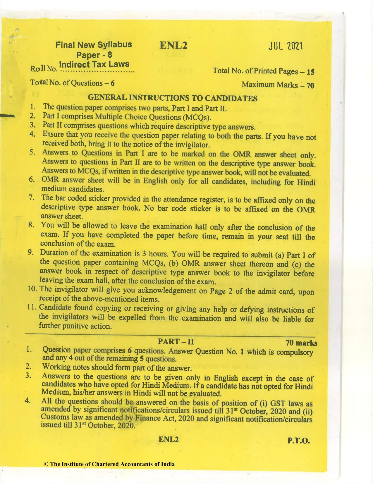 CA Final Jul 2021 Question Paper - Paper 8 – Indirect Tax Laws - Page 1