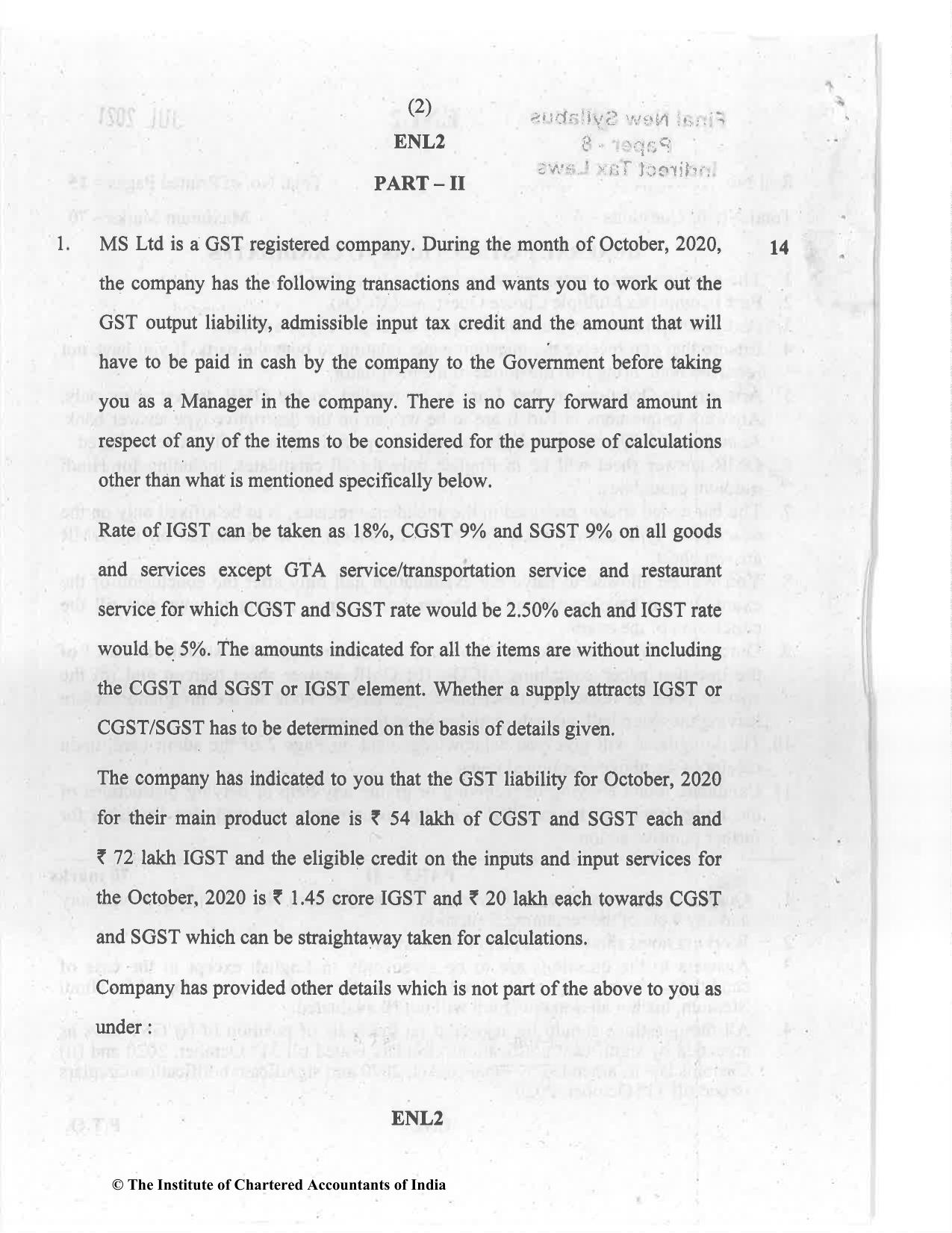 CA Final Jul 2021 Question Paper - Paper 8 – Indirect Tax Laws - Page 2