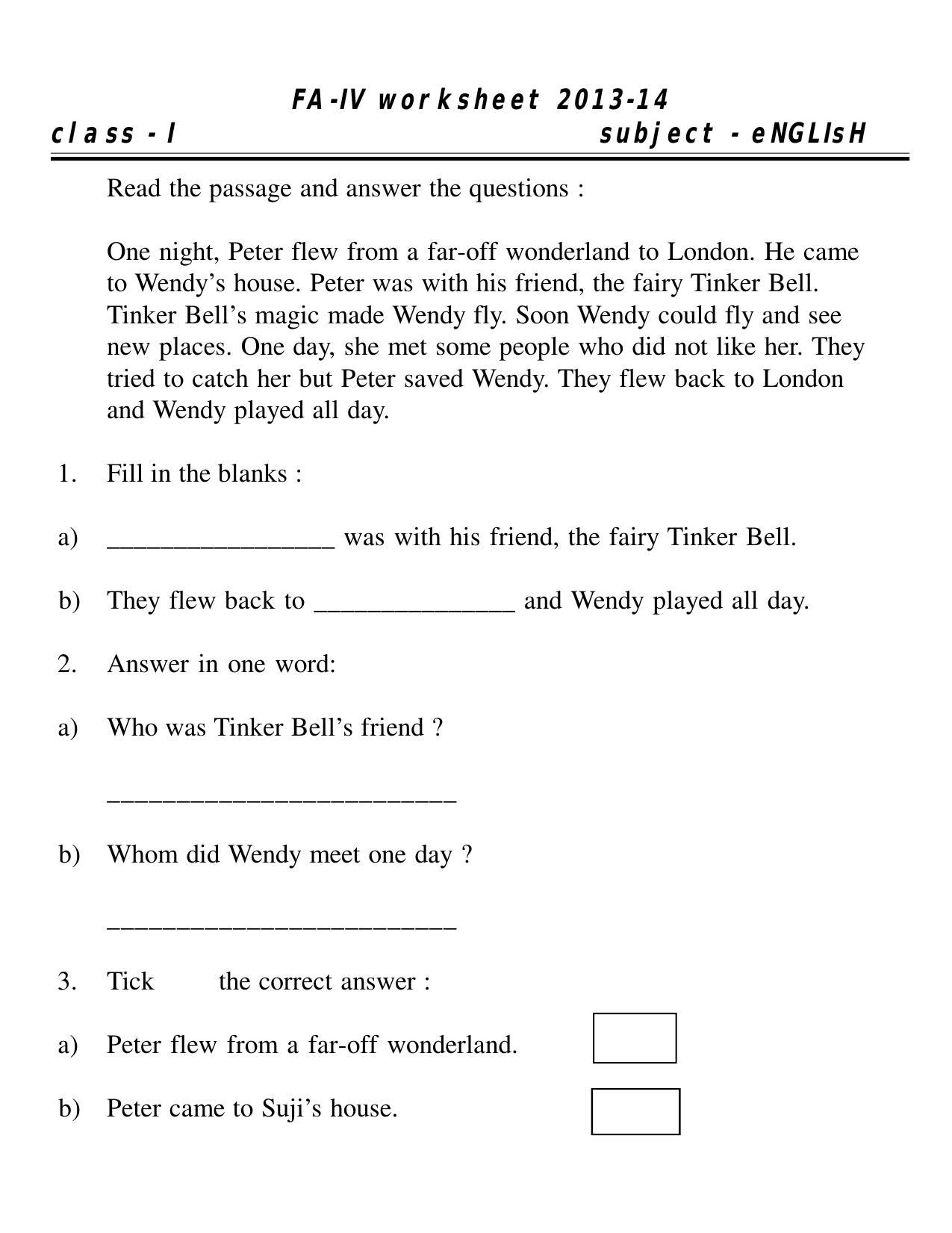 Worksheet for Class 1 English Assignment 69 - Page 1