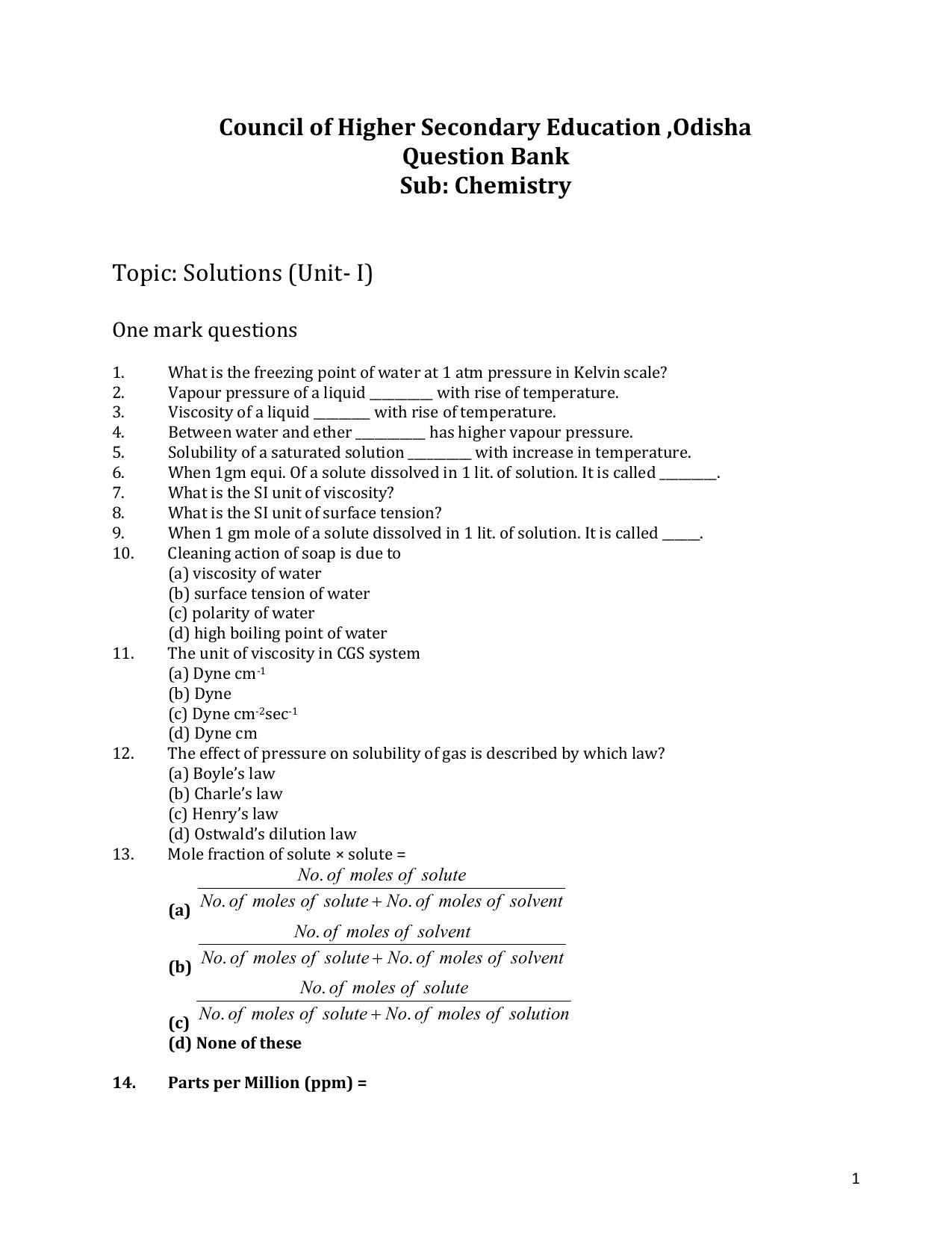 CHSE Odisha Class 12 CHEMISTRY (1ST PHASE) Question Bank - Page 1