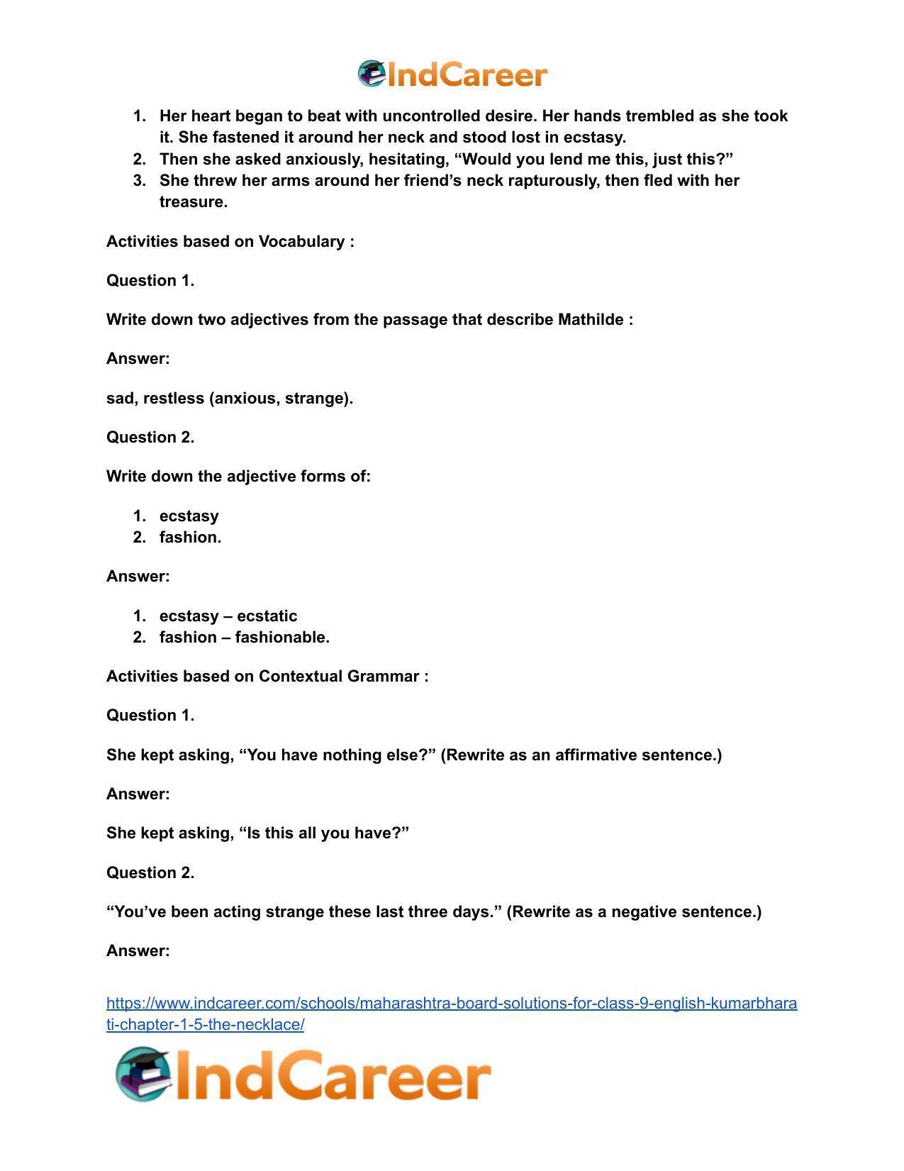 Maharashtra Board Solutions for Class 9- English Kumarbharati: Chapter 1.5- The Necklace - Page 23
