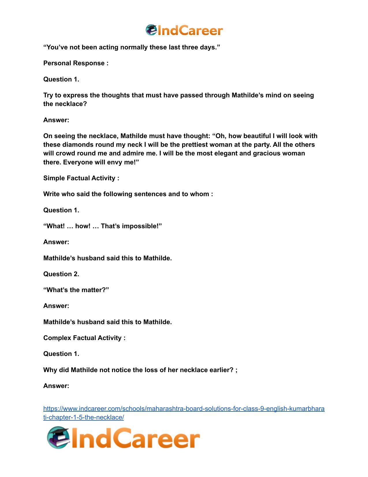 Maharashtra Board Solutions for Class 9- English Kumarbharati: Chapter 1.5- The Necklace - Page 24