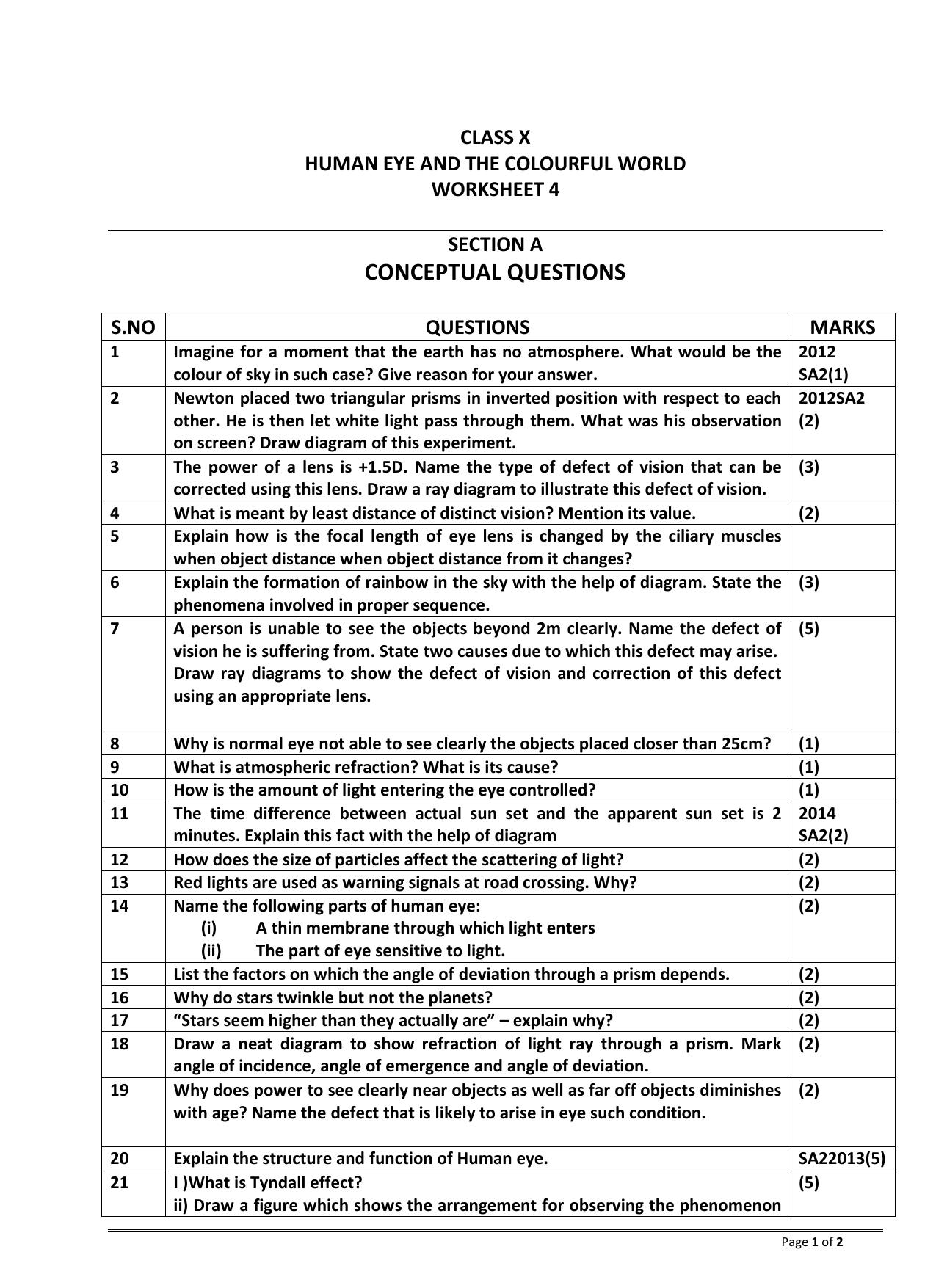 CBSE Worksheets for Class 10 Physics Human Eye Colorful World Assignment - Page 1