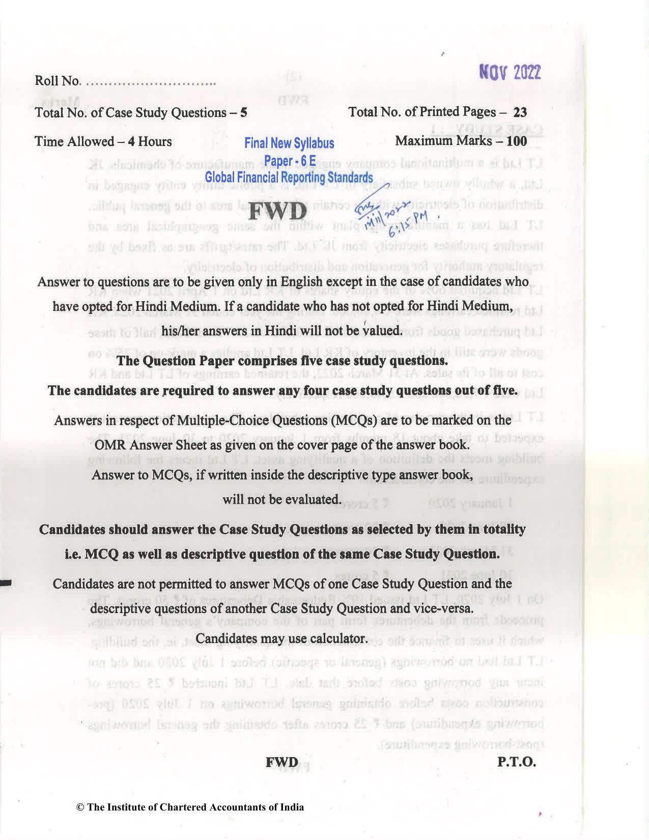 CA Final Nov 2022 Question Paper - Paper 6E – Global Financial Reporting Standards - Page 1