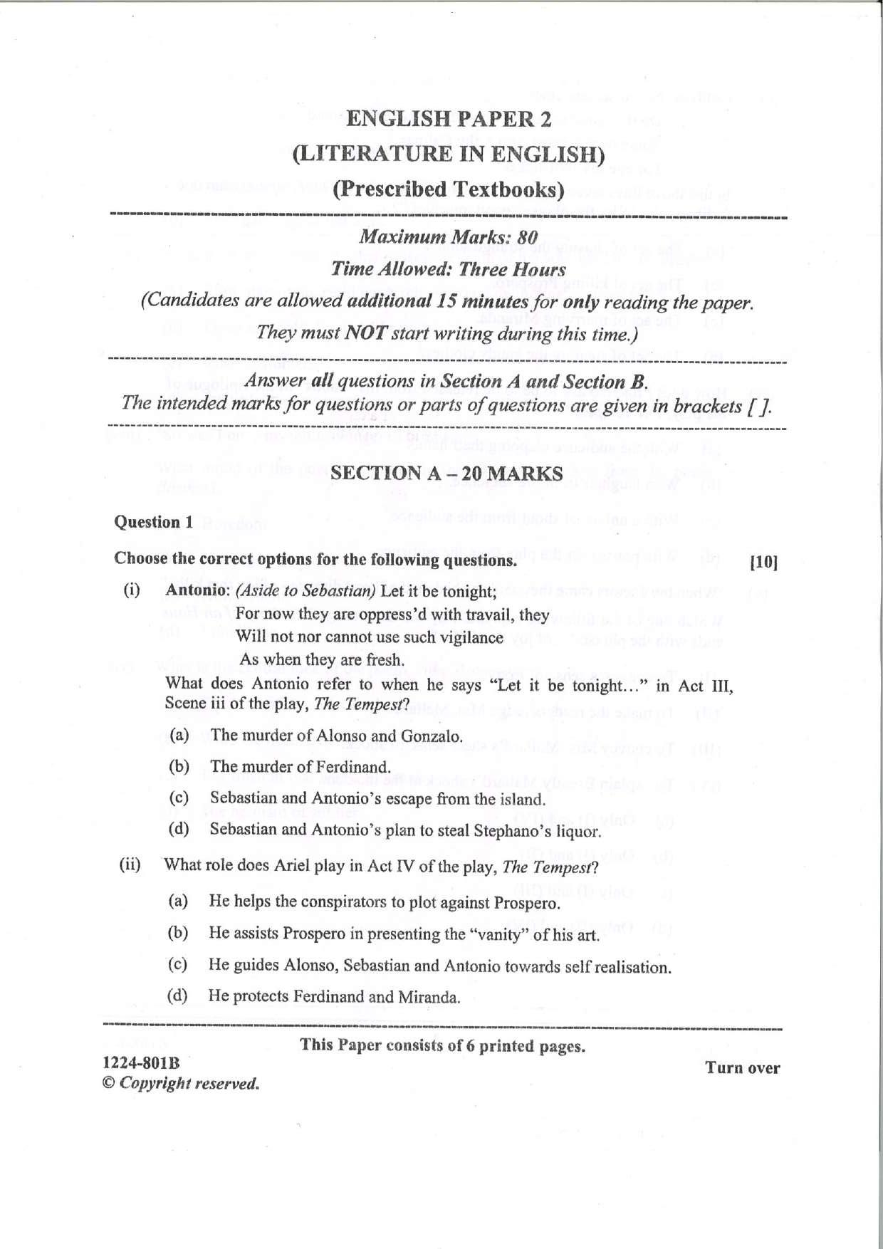 ISC Class 12 English Literature 2024 Question Paper - Page 1