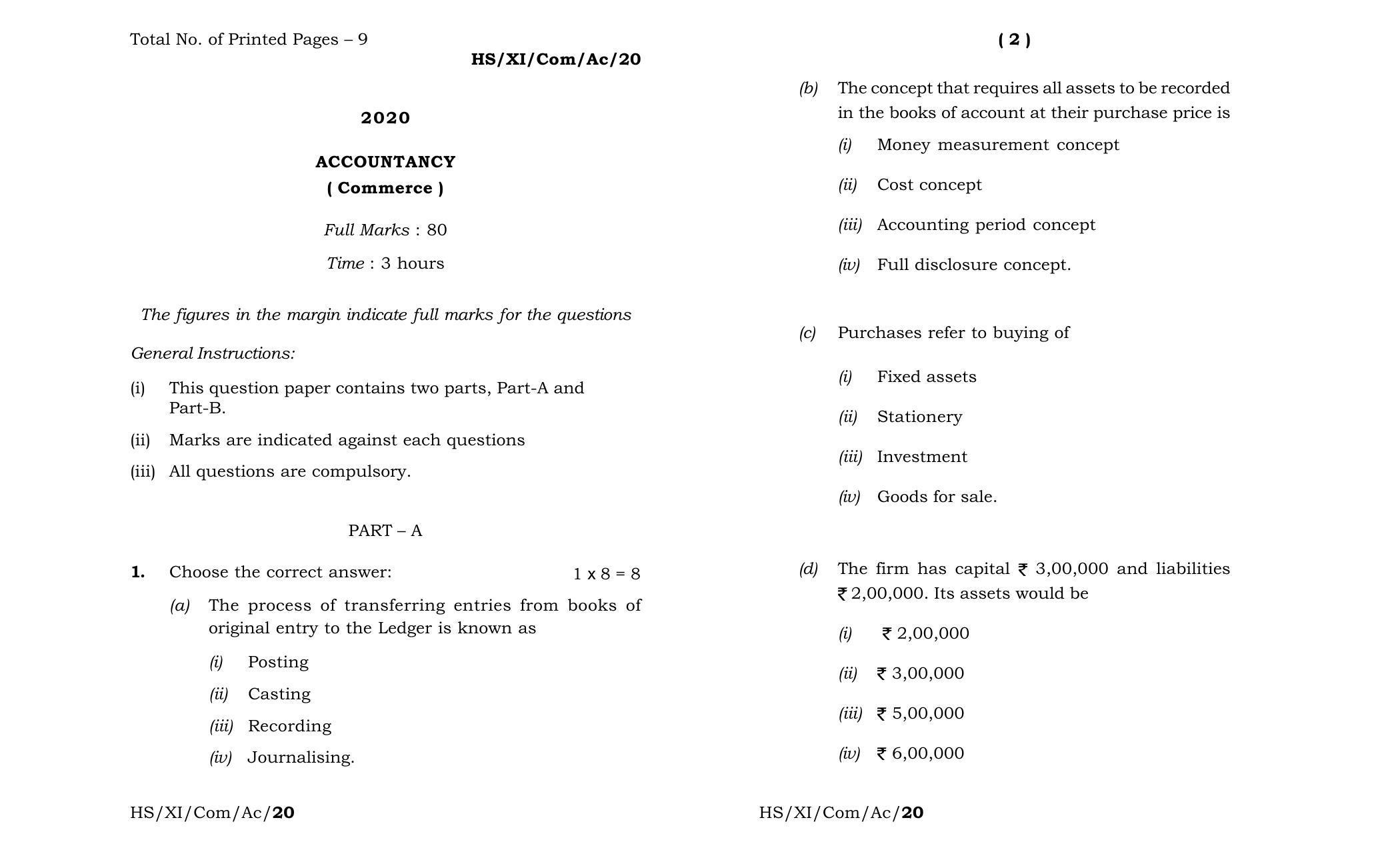 Meghalaya Board (MBOSE) Class 11 Accountancy 2020 Question Paper - Page 1