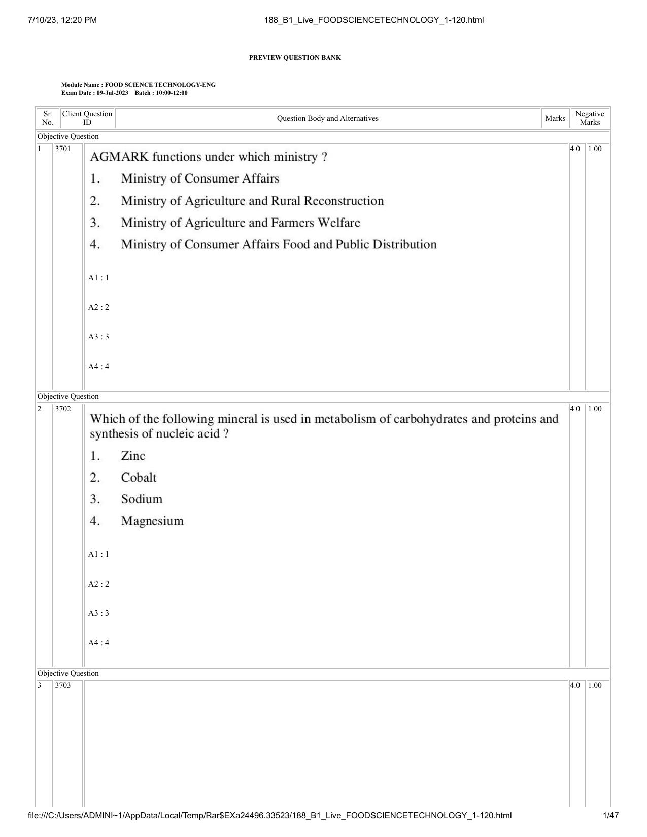 ICAR AIEEA PG 2023 FOOD SCIENCE TECHNOLOGY Question Paper - Page 1