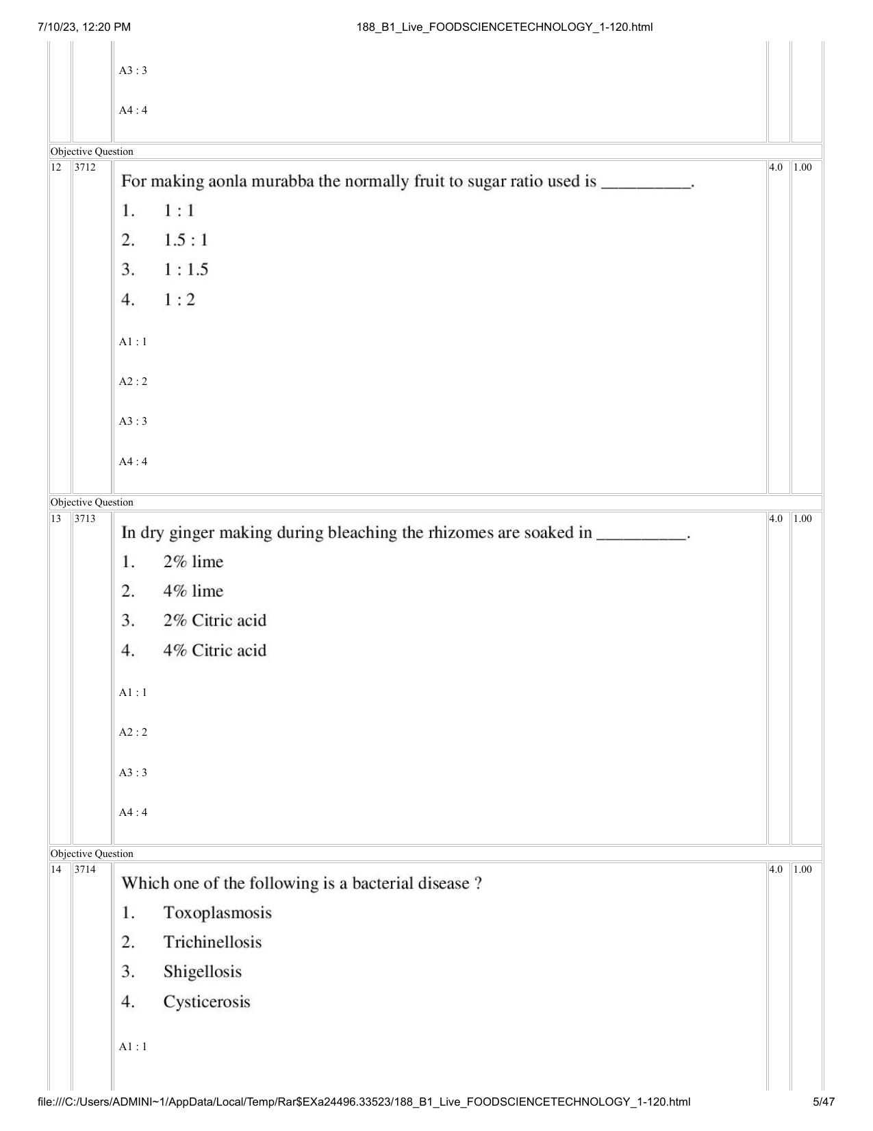 ICAR AIEEA PG 2023 FOOD SCIENCE TECHNOLOGY Question Paper - Page 5