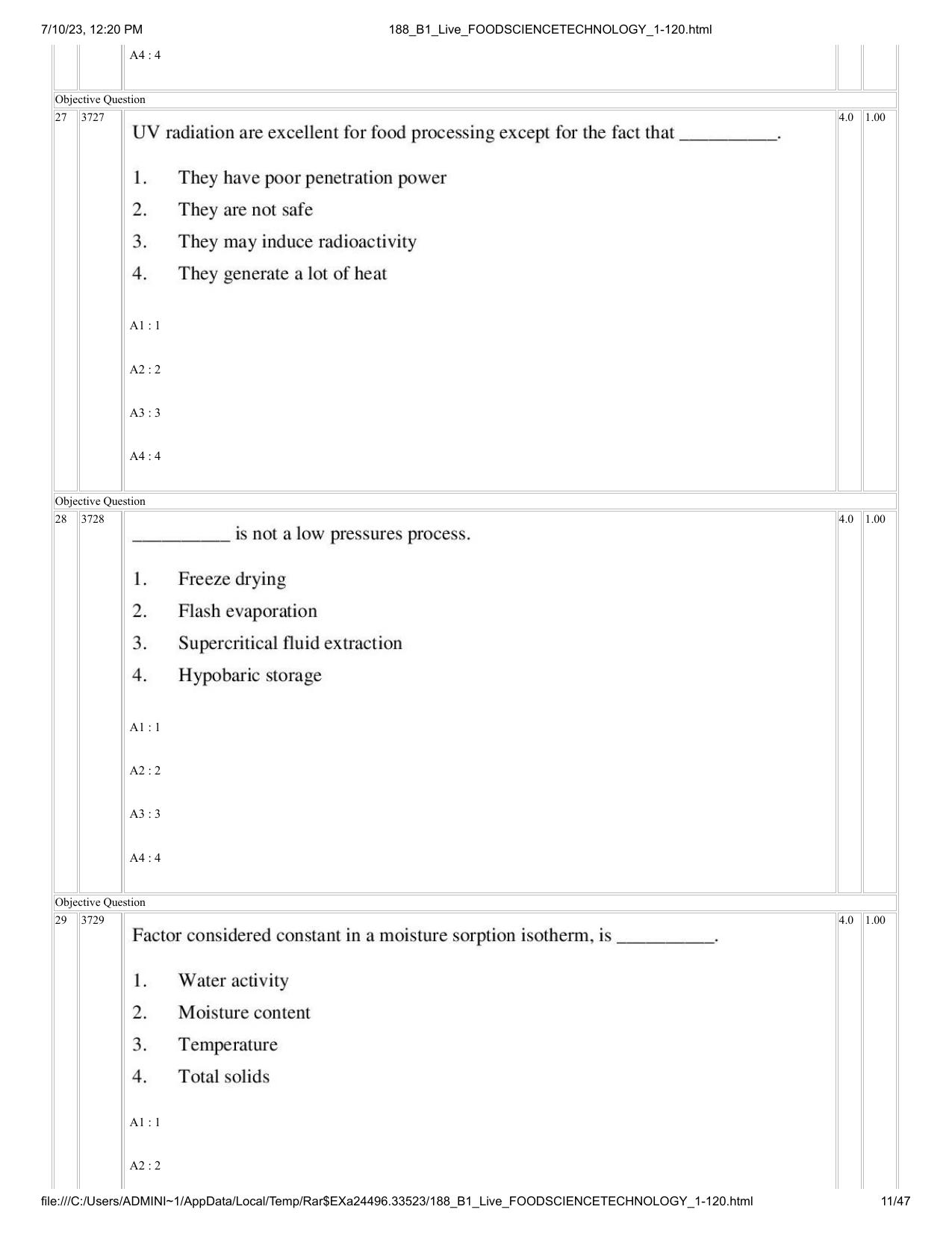 ICAR AIEEA PG 2023 FOOD SCIENCE TECHNOLOGY Question Paper - Page 11