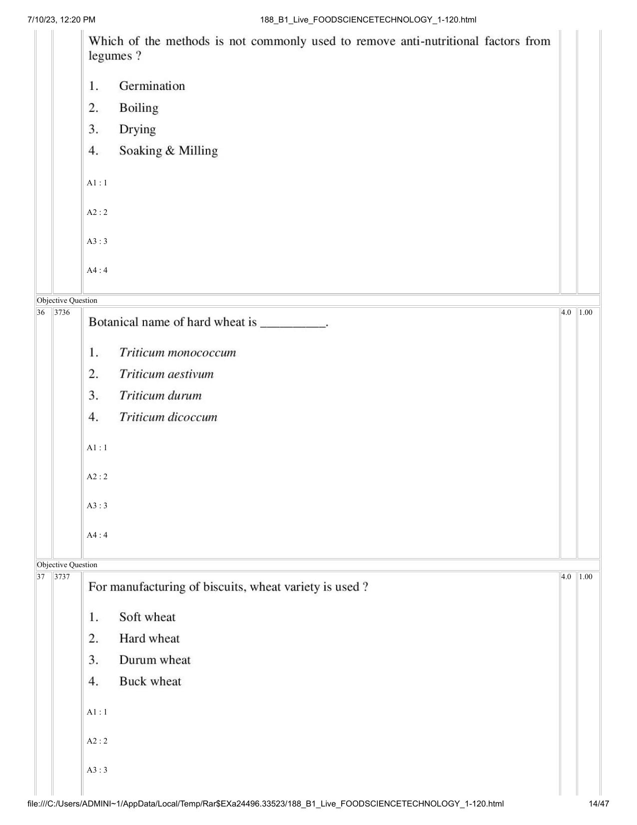 ICAR AIEEA PG 2023 FOOD SCIENCE TECHNOLOGY Question Paper - Page 14